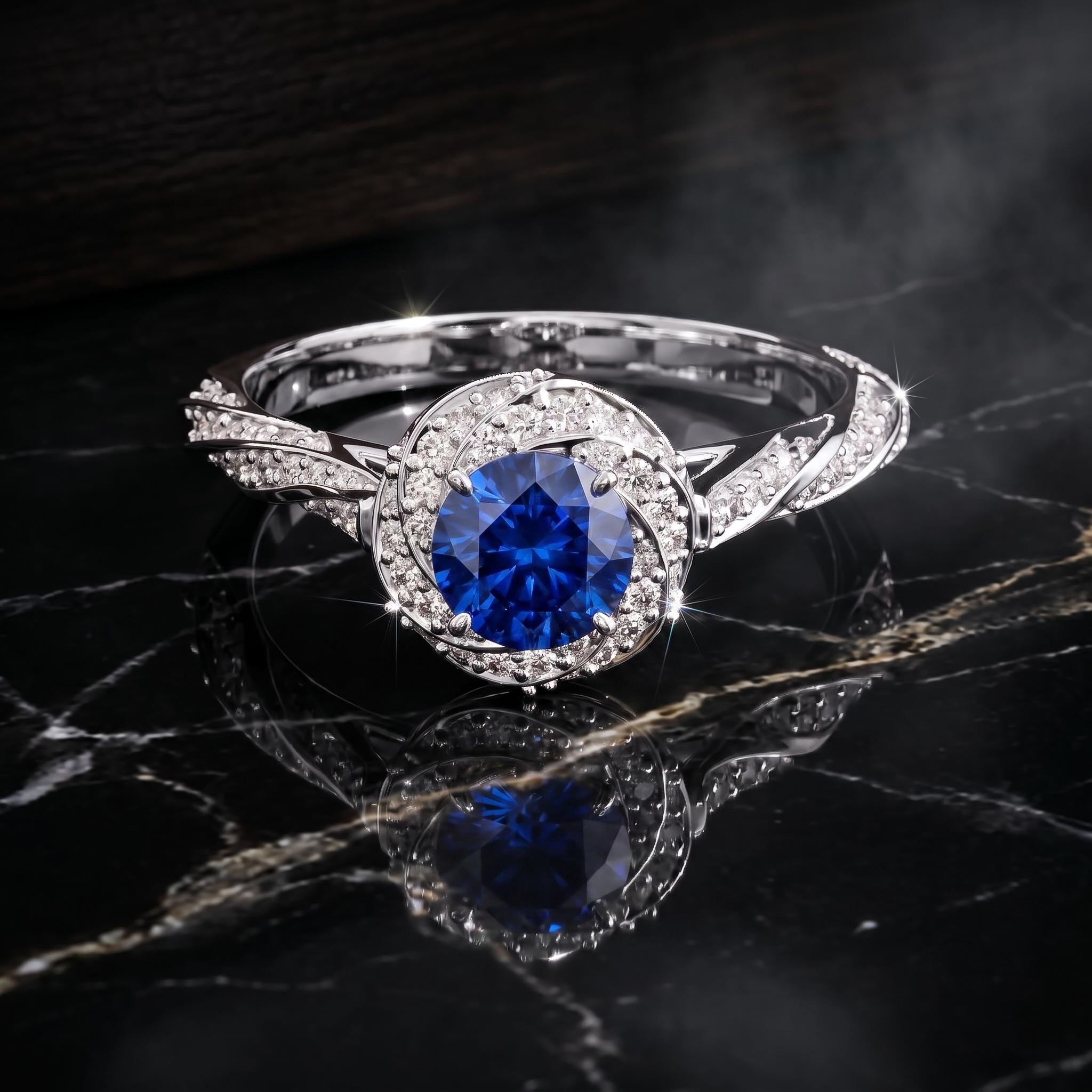 Vintage Halo Blue Sapphire Sterling Silver Ring, Twisted Vine Engagement Gift