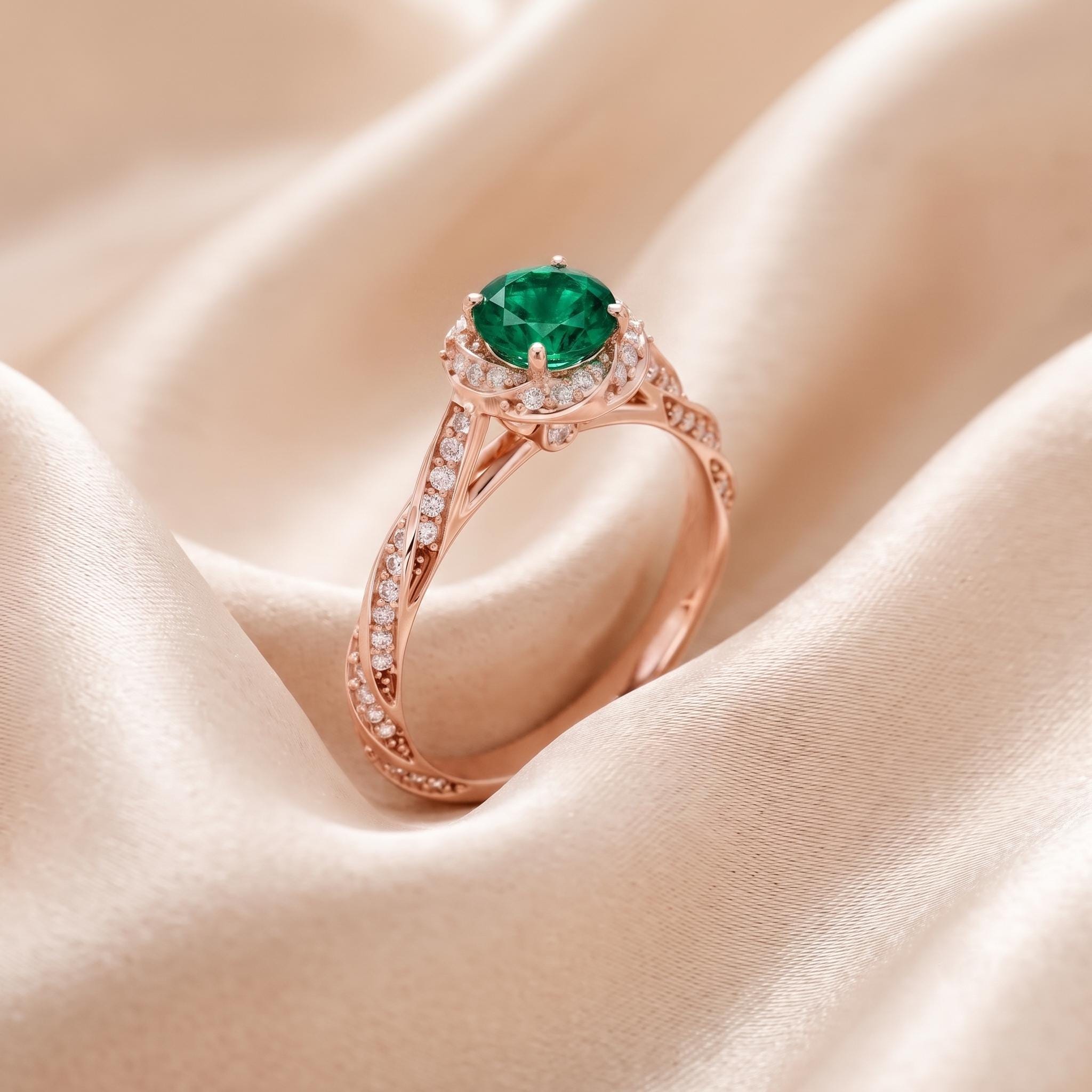 Lab Created Emerald Ring, Sterling Silver, Moissanite Halo, Rose Gold Finish