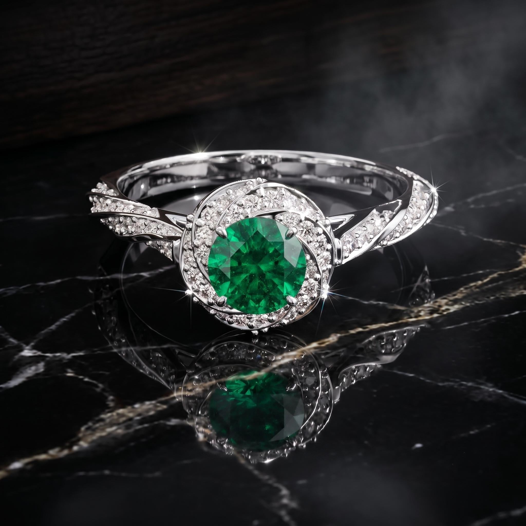 Lab Created Emerald Ring, Sterling Silver, Moissanite Halo, Rose Gold Finish