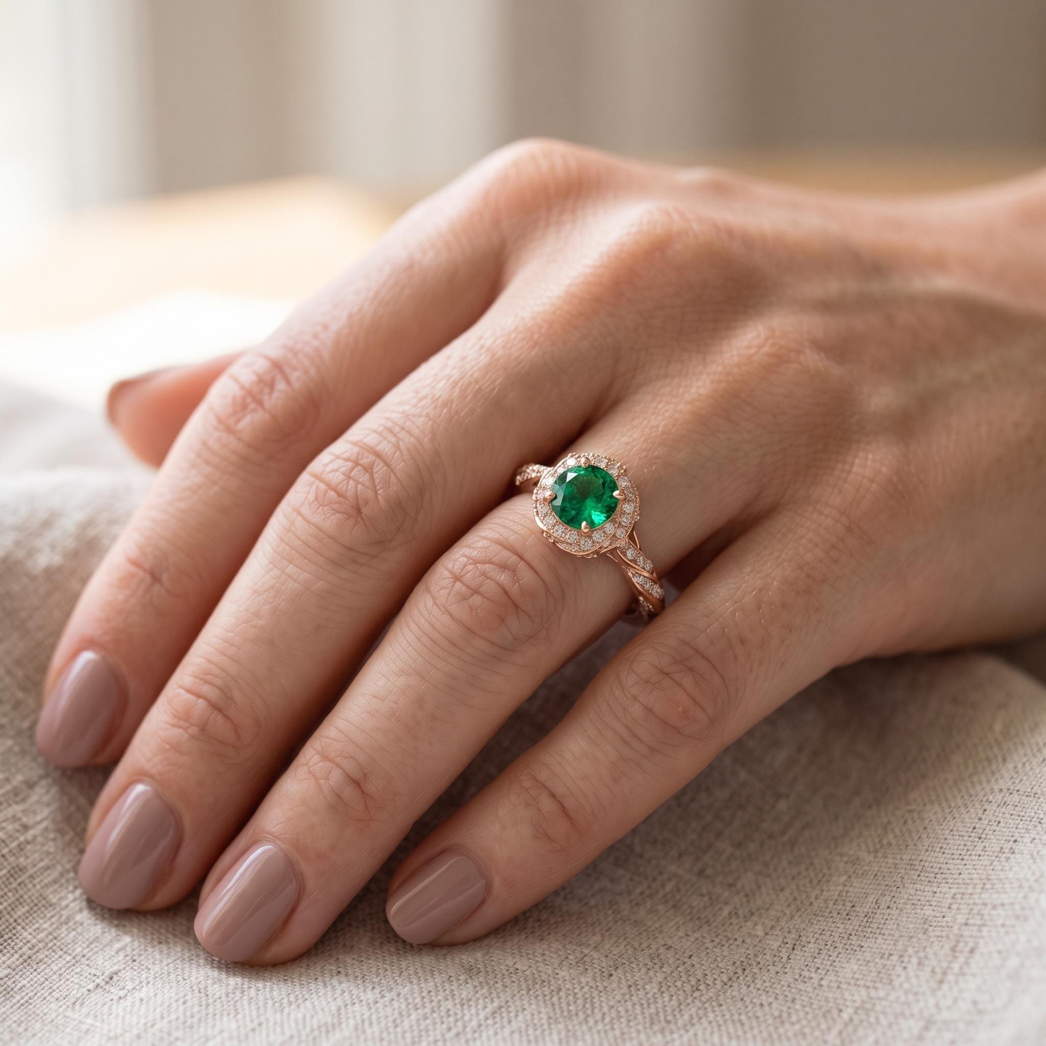 Lab Created Emerald Ring, Sterling Silver, Moissanite Halo, Rose Gold Finish