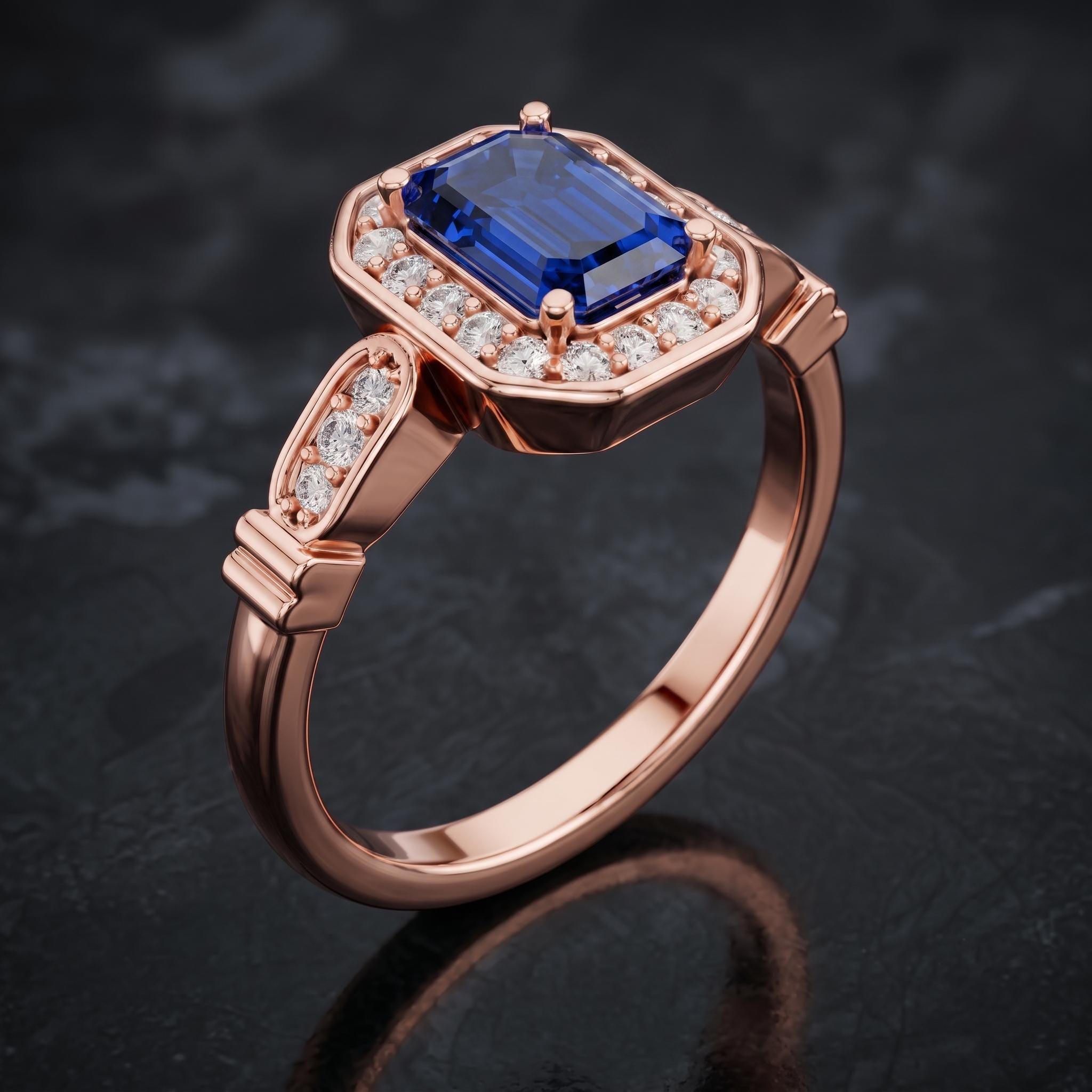 Emerald Blue Sapphire Sterling Silver Ring, Vintage Handmade Cocktail, Lab Created Gemstone