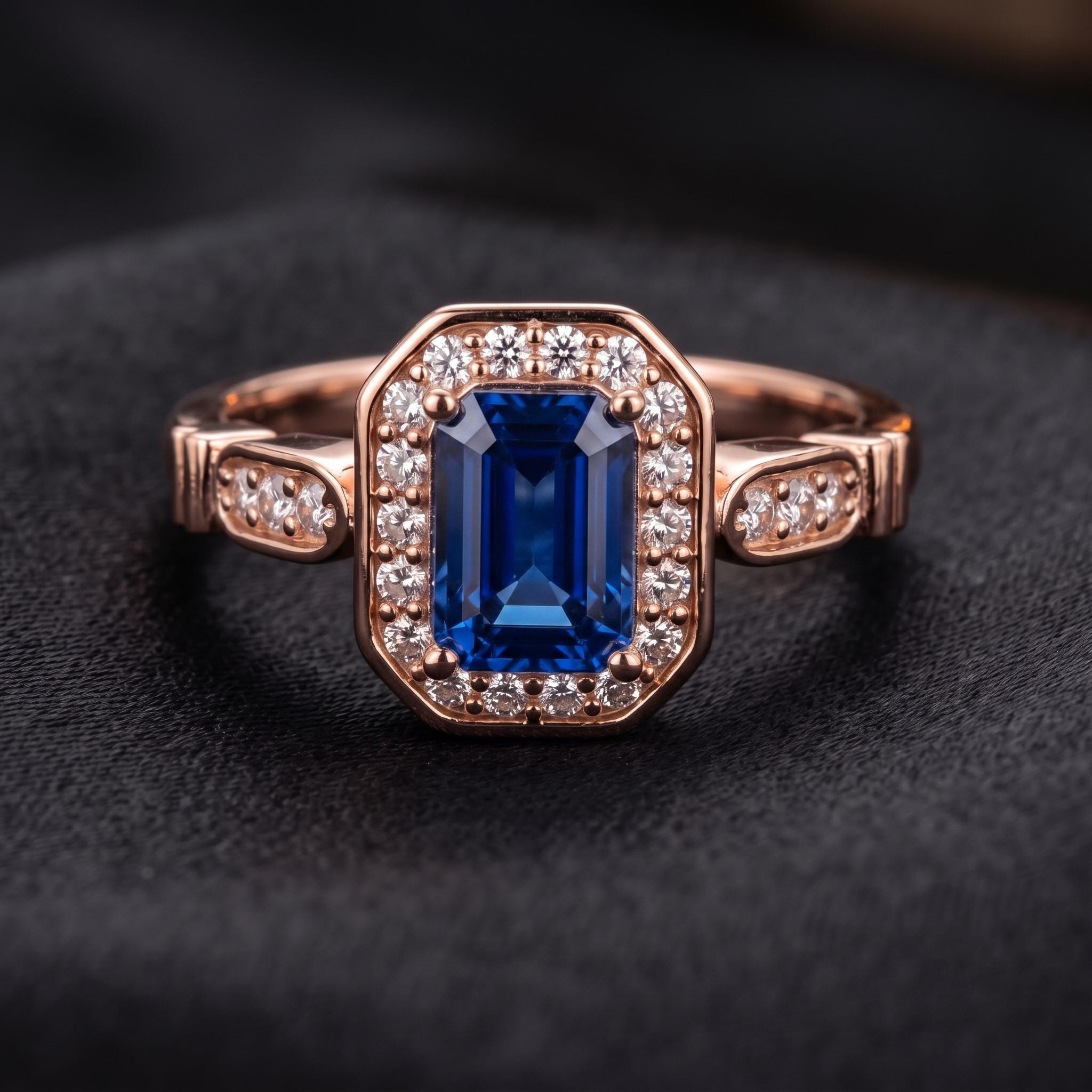 Emerald Blue Sapphire Sterling Silver Ring, Vintage Handmade Cocktail, Lab Created Gemstone