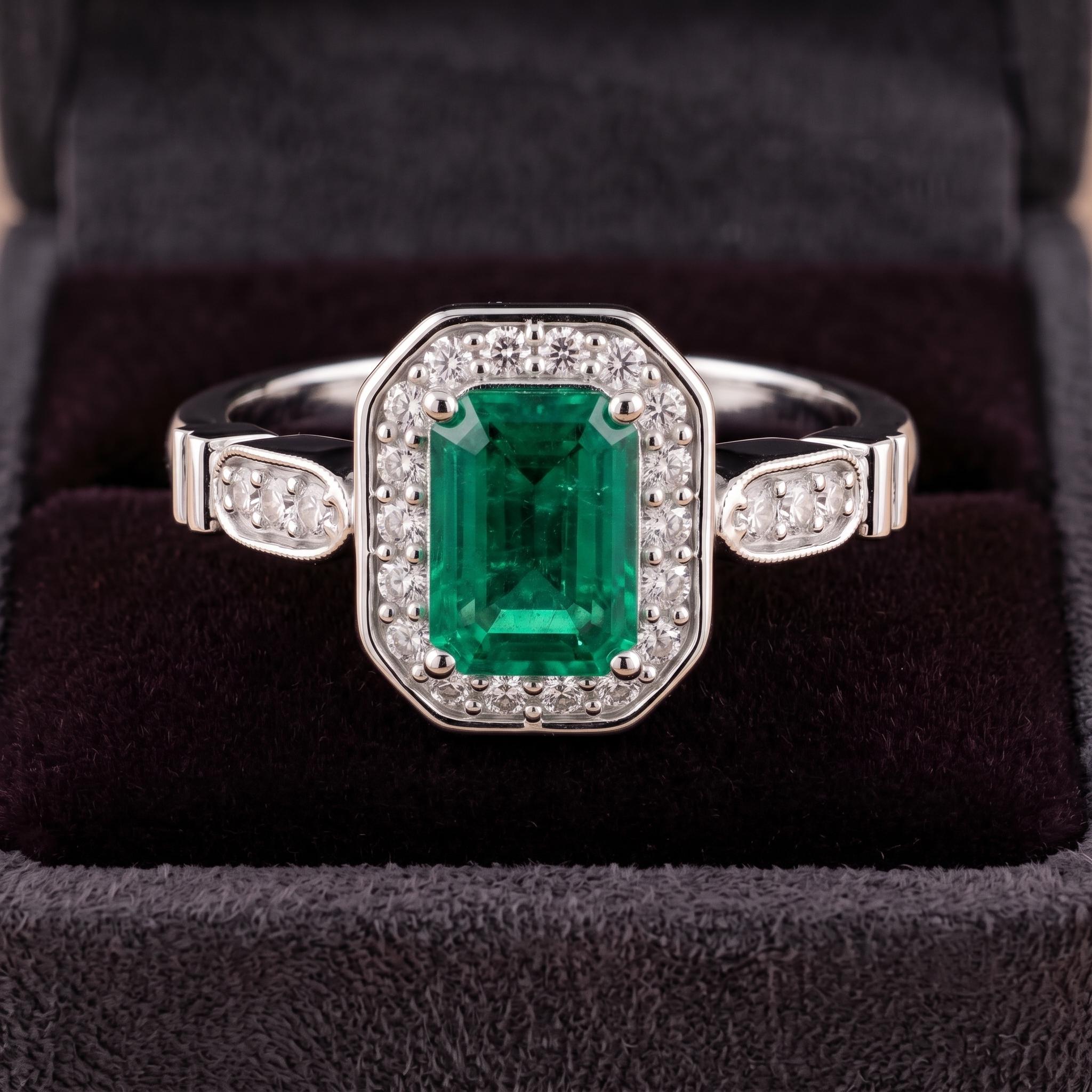 Emerald Cut Green Lab Created Gemstone Ring, Sterling Silver Halo Engagement Ring