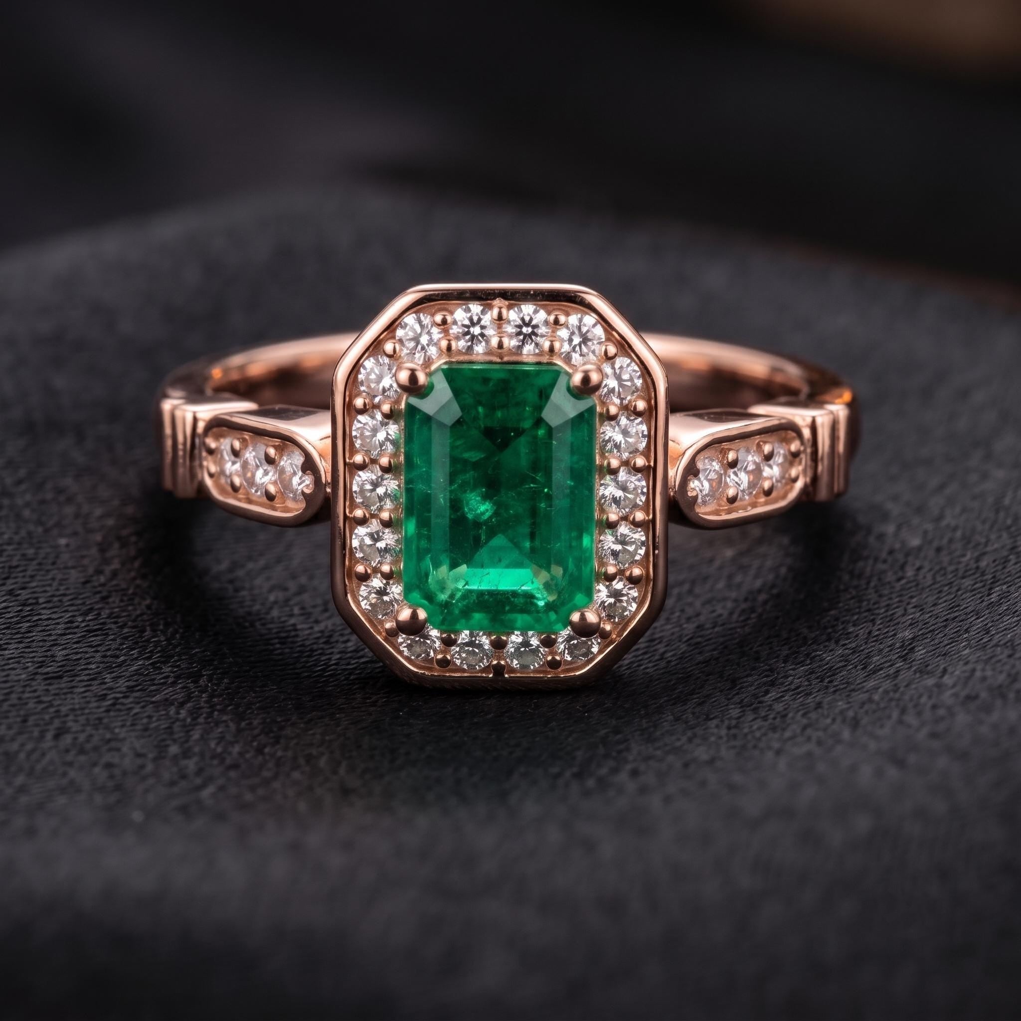 Emerald Cut Green Lab Created Gemstone Ring, Sterling Silver Halo Engagement Ring