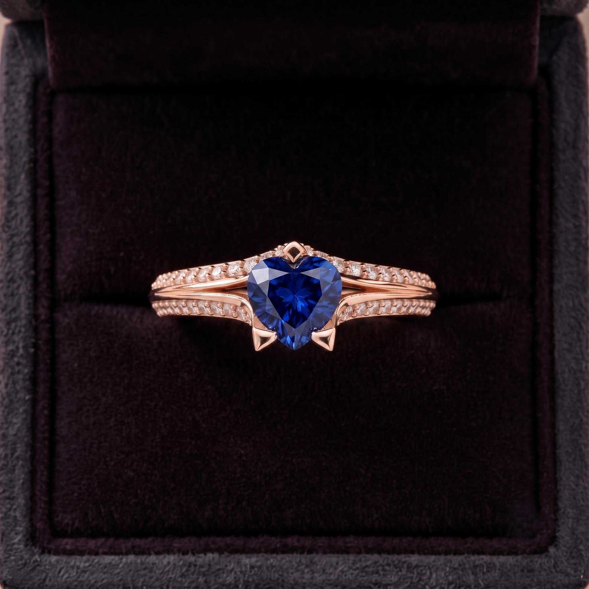 Heart Shape Blue Sapphire Sterling Silver Ring, Moissanite Accents, Valentine Gift