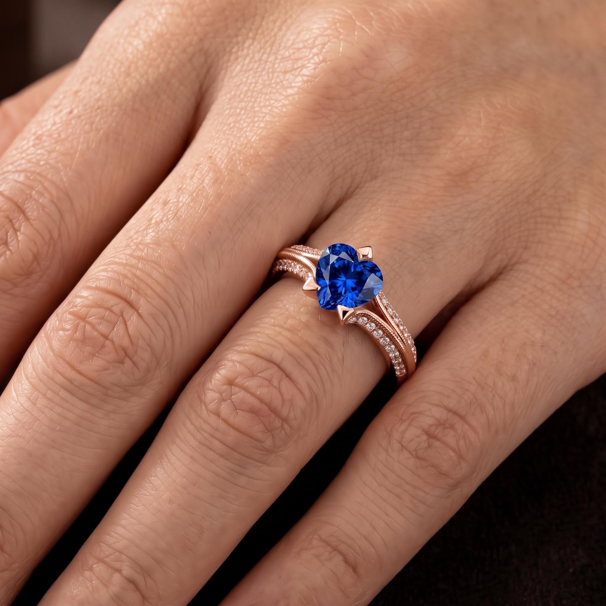 Heart Shape Blue Sapphire Sterling Silver Ring, Moissanite Accents, Valentine Gift