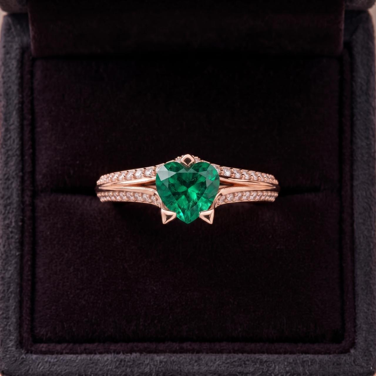 Heart Shaped Emerald Sterling Silver Ring, Split Shank Moissanite Side Stones