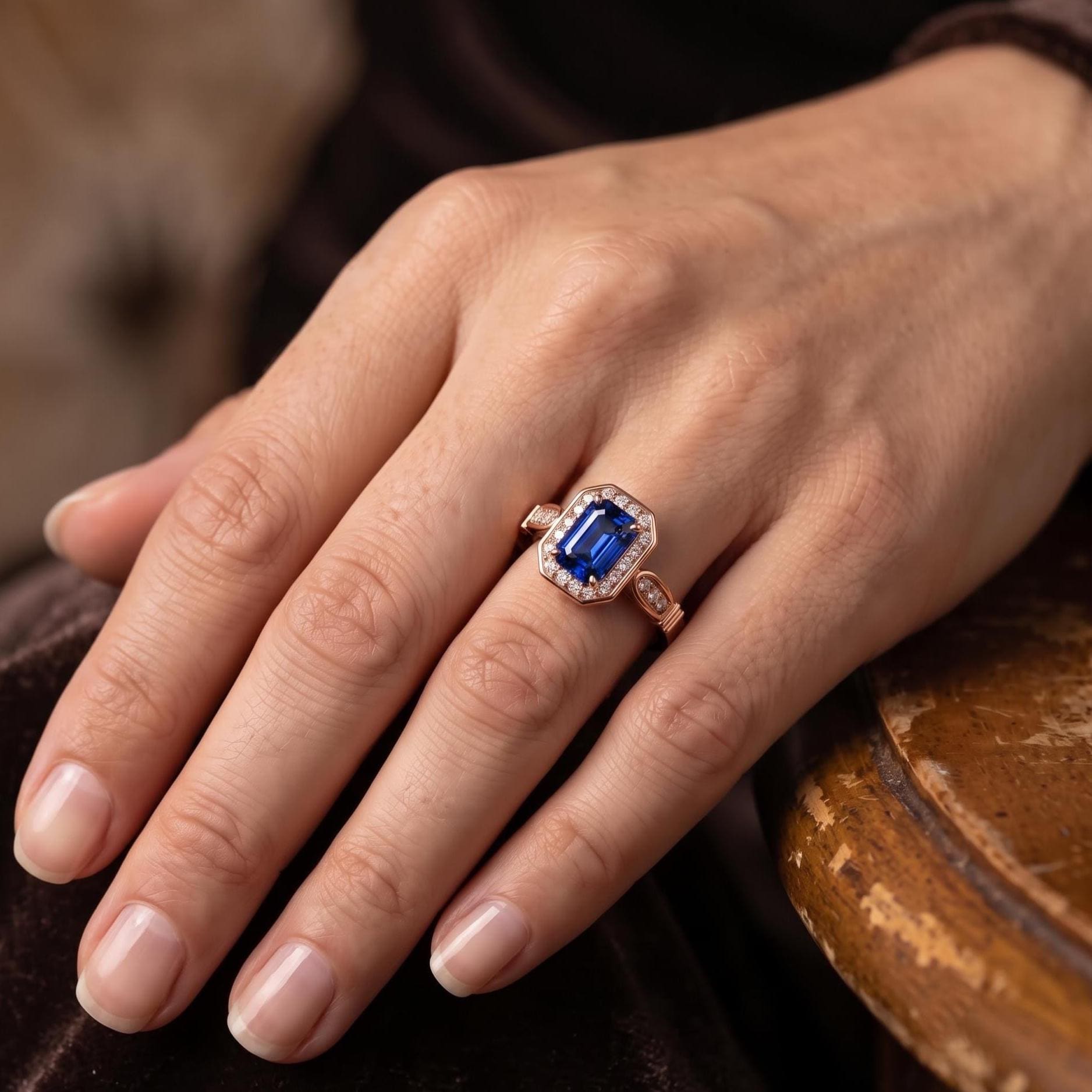 Emerald Blue Sapphire Sterling Silver Ring, Vintage Handmade Cocktail, Lab Created Gemstone