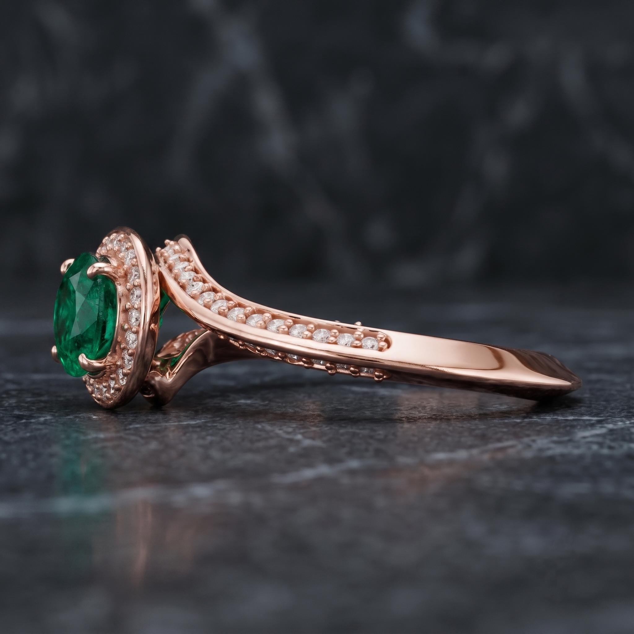 Boho Swirl Halo Ring, Lab Created Emerald, Moissanite, Sterling Silver Vermeil