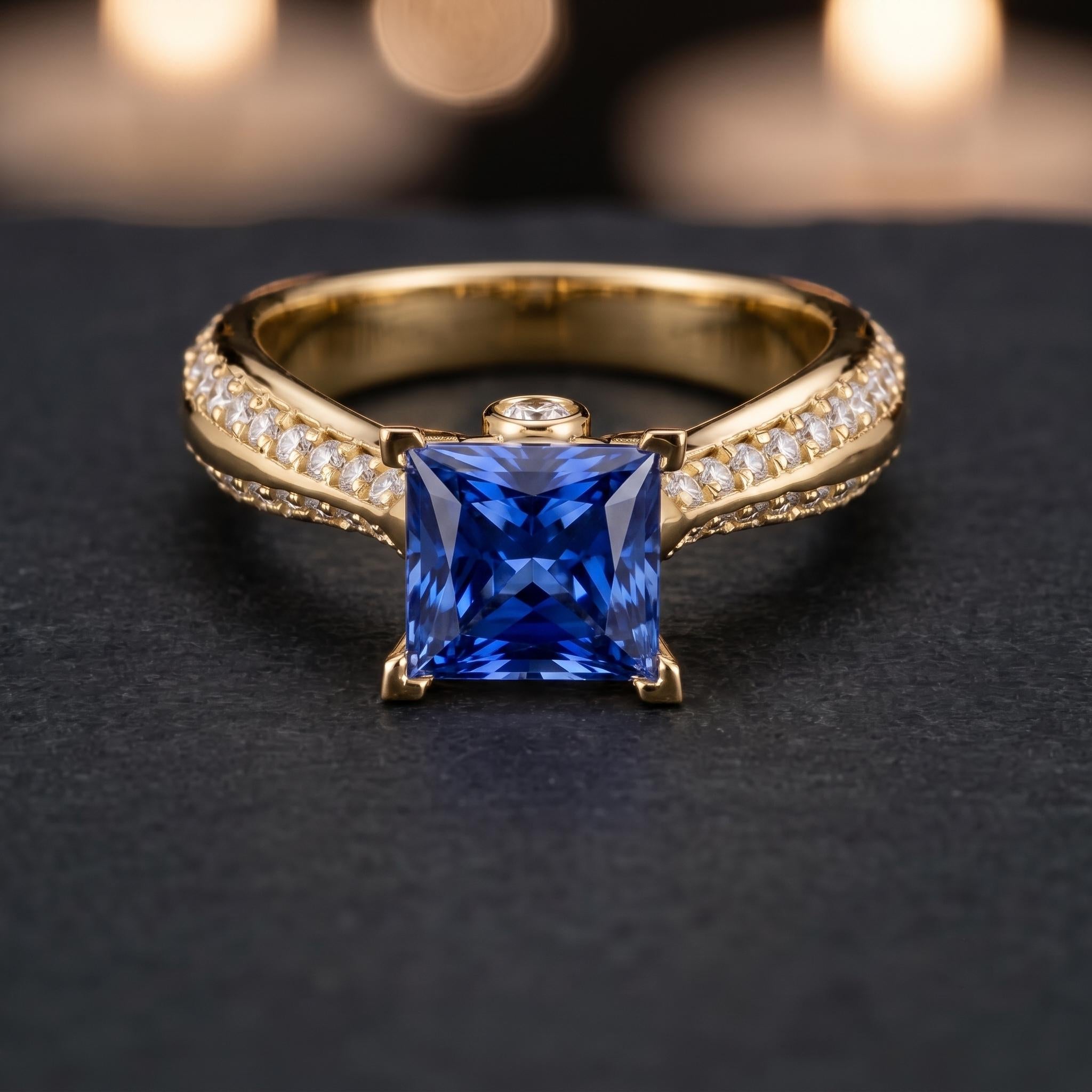 Lab Created Blue Sapphire Princess Cut Ring, 925 Sterling Silver, Pave Band (Free Gift)