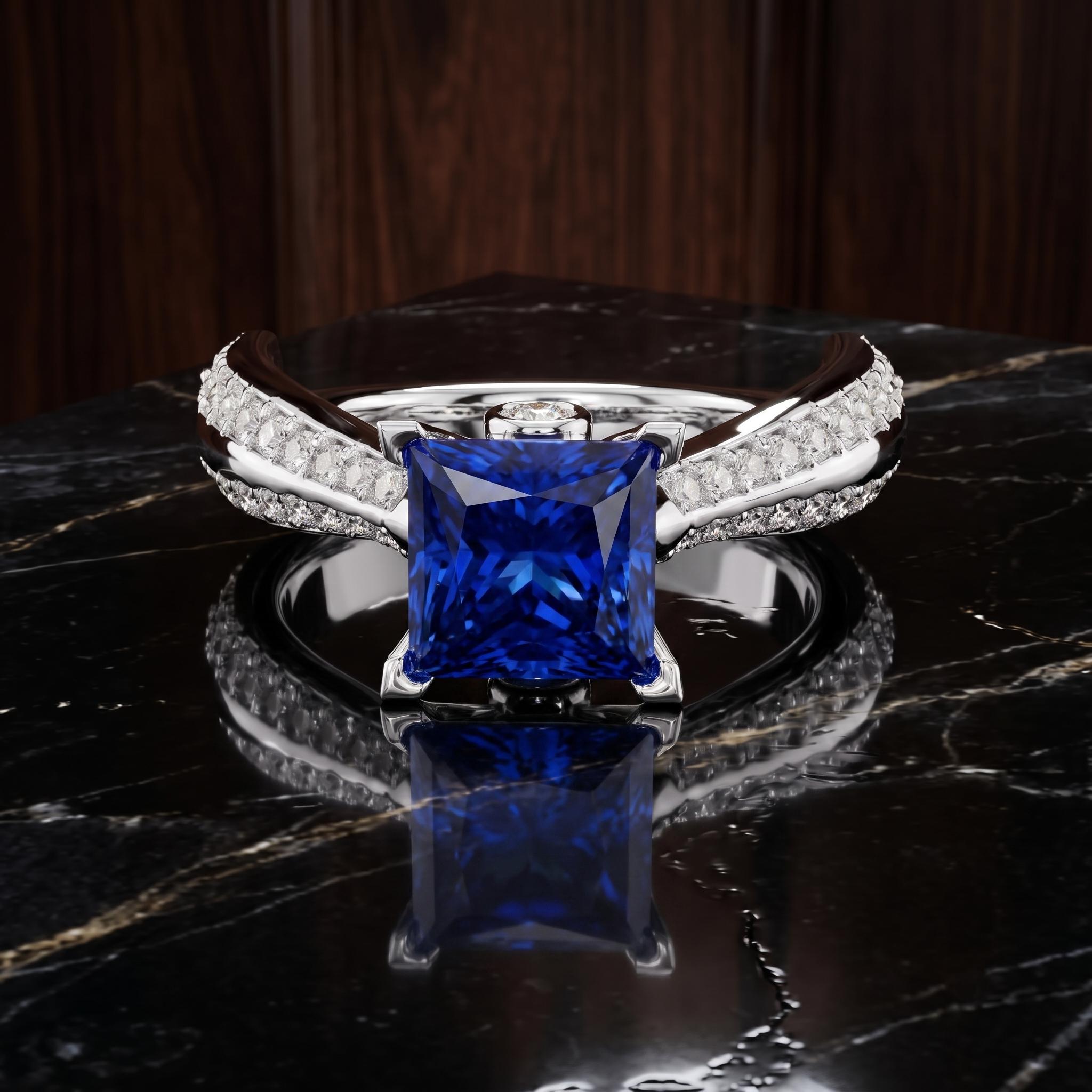 Lab Created Blue Sapphire Princess Cut Ring, 925 Sterling Silver, Pave Band (Free Gift)