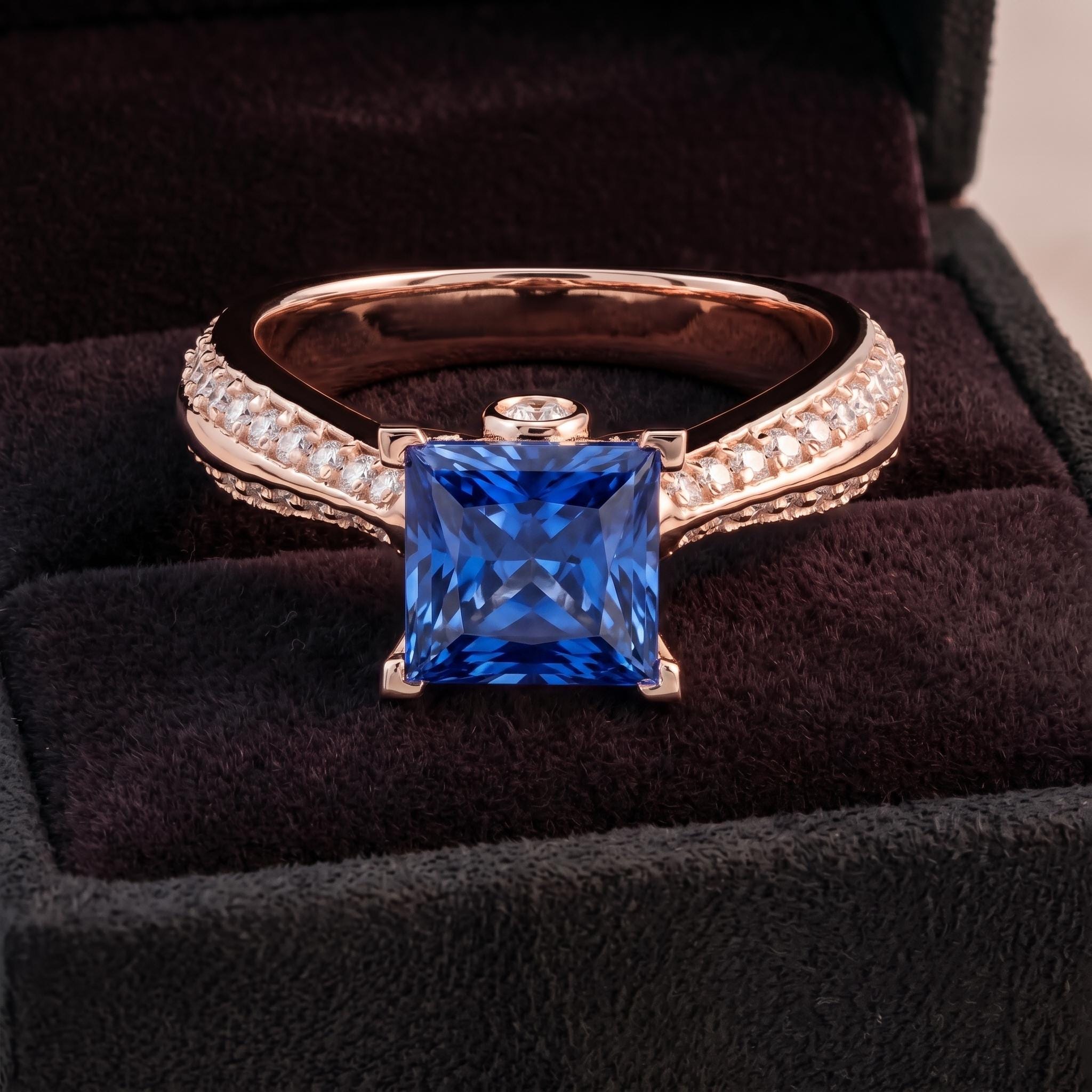 Lab Created Blue Sapphire Princess Cut Ring, 925 Sterling Silver, Pave Band (Free Gift)
