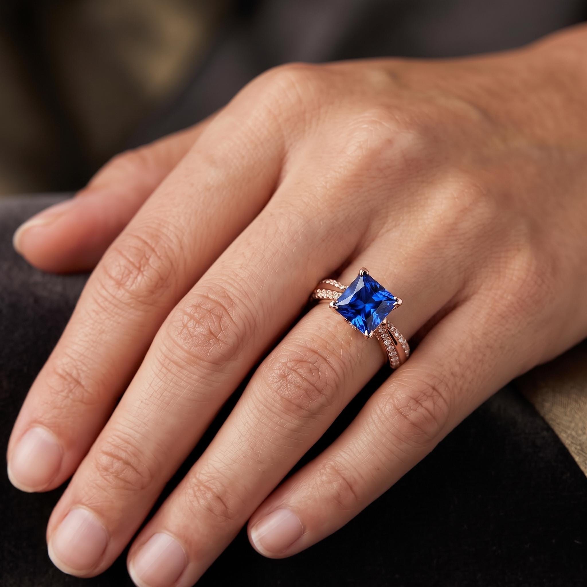 Lab Created Blue Sapphire Princess Cut Ring, 925 Sterling Silver, Pave Band (Free Gift)