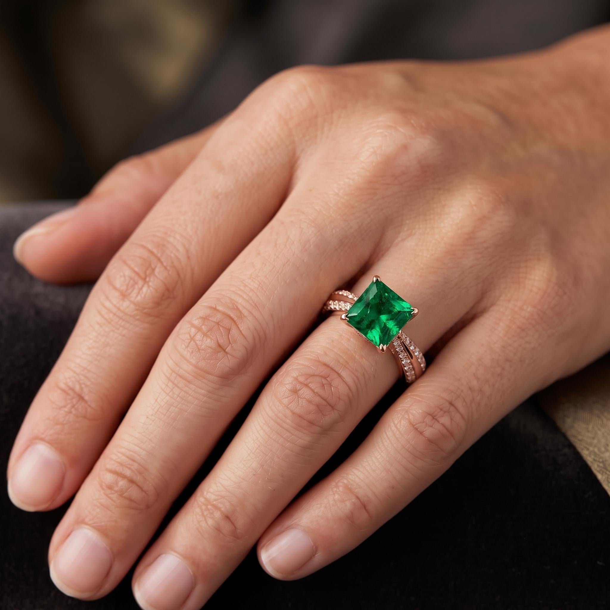 Princess Cut Emerald Lab Created Ring, Sterling Silver, Moissanite Band (Free Gift)
