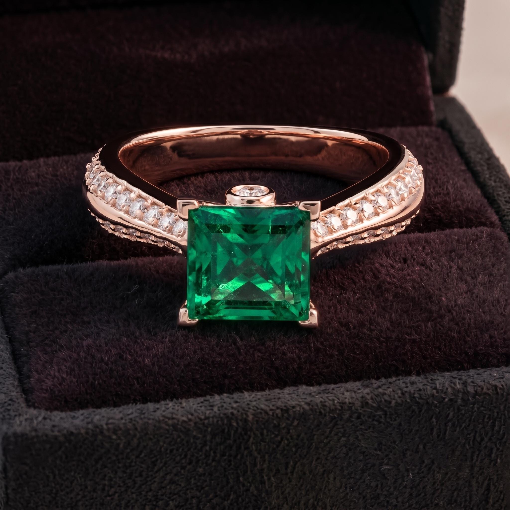 Princess Cut Emerald Lab Created Ring, Sterling Silver, Moissanite Band (Free Gift)