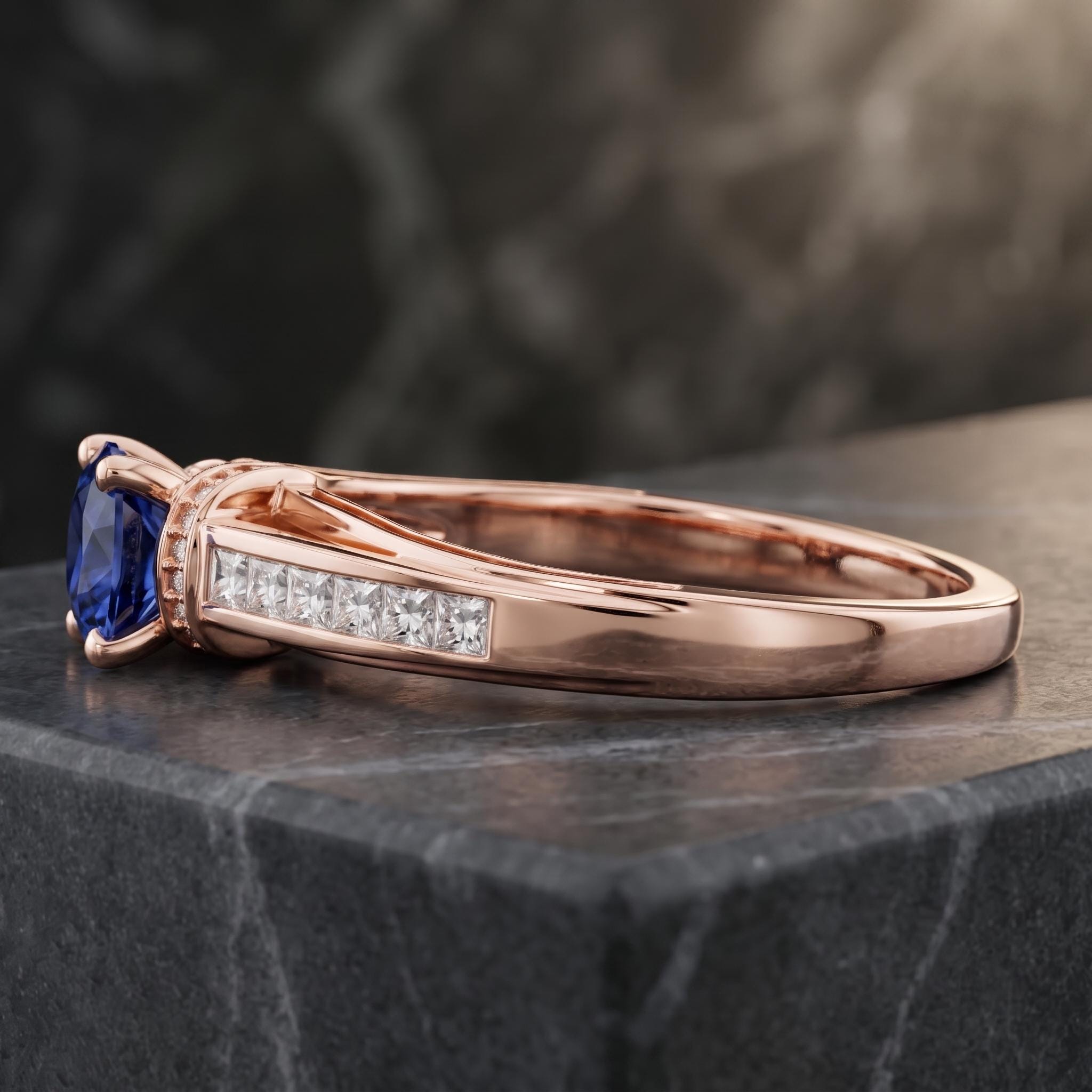 Princess Cut Blue Sapphire Sterling Silver Ring, Twisted Cathedral Band, Moissanite Side Stones