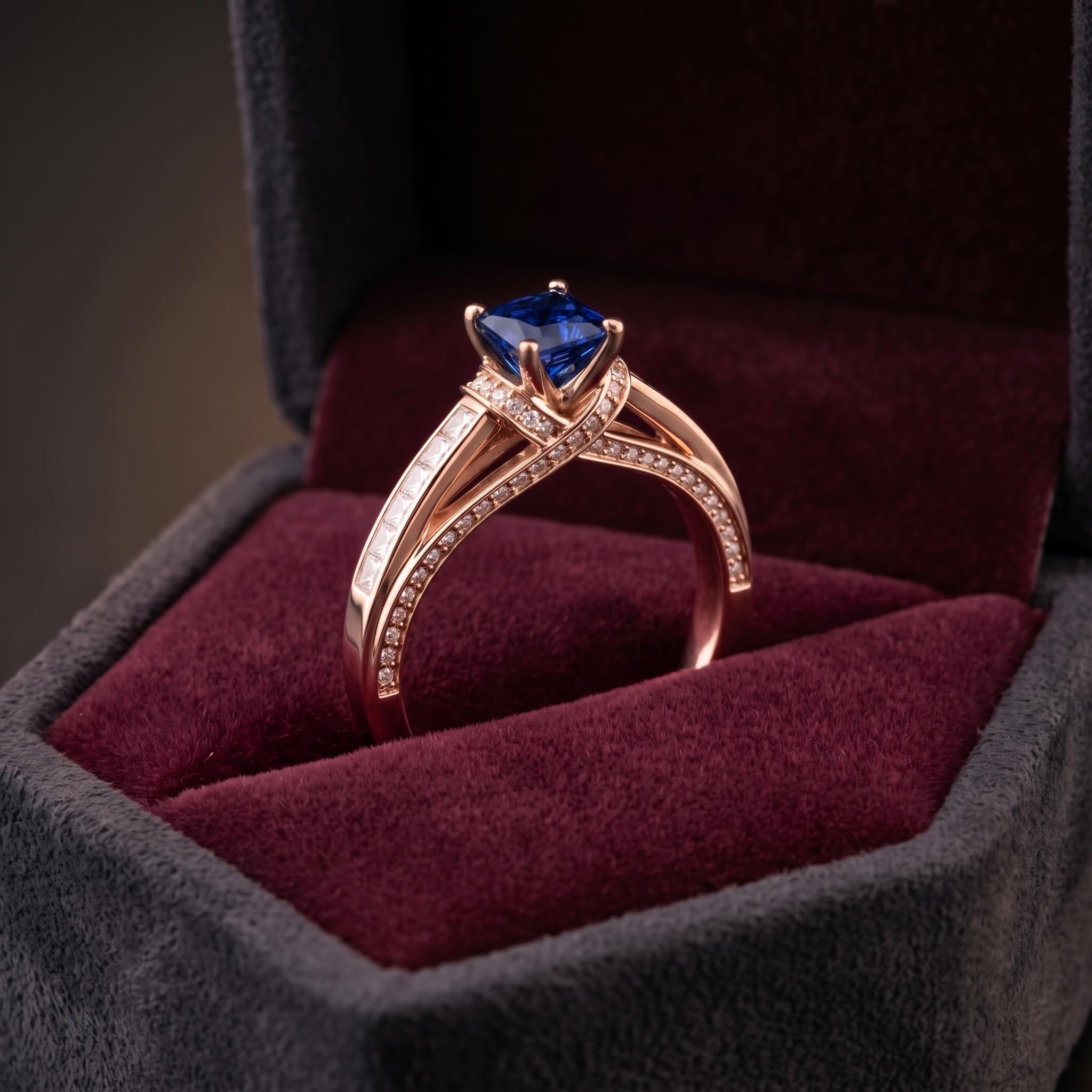 Princess Cut Blue Sapphire Sterling Silver Ring, Twisted Cathedral Band, Moissanite Side Stones
