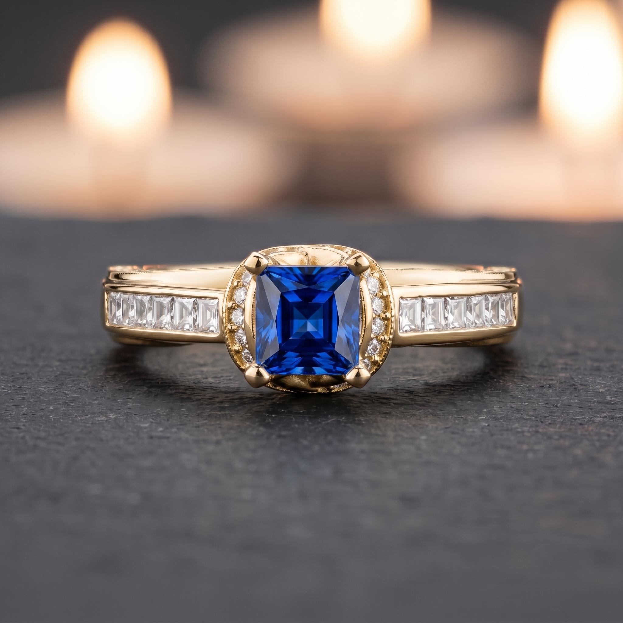 Princess Cut Blue Sapphire Sterling Silver Ring, Twisted Cathedral Band, Moissanite Side Stones