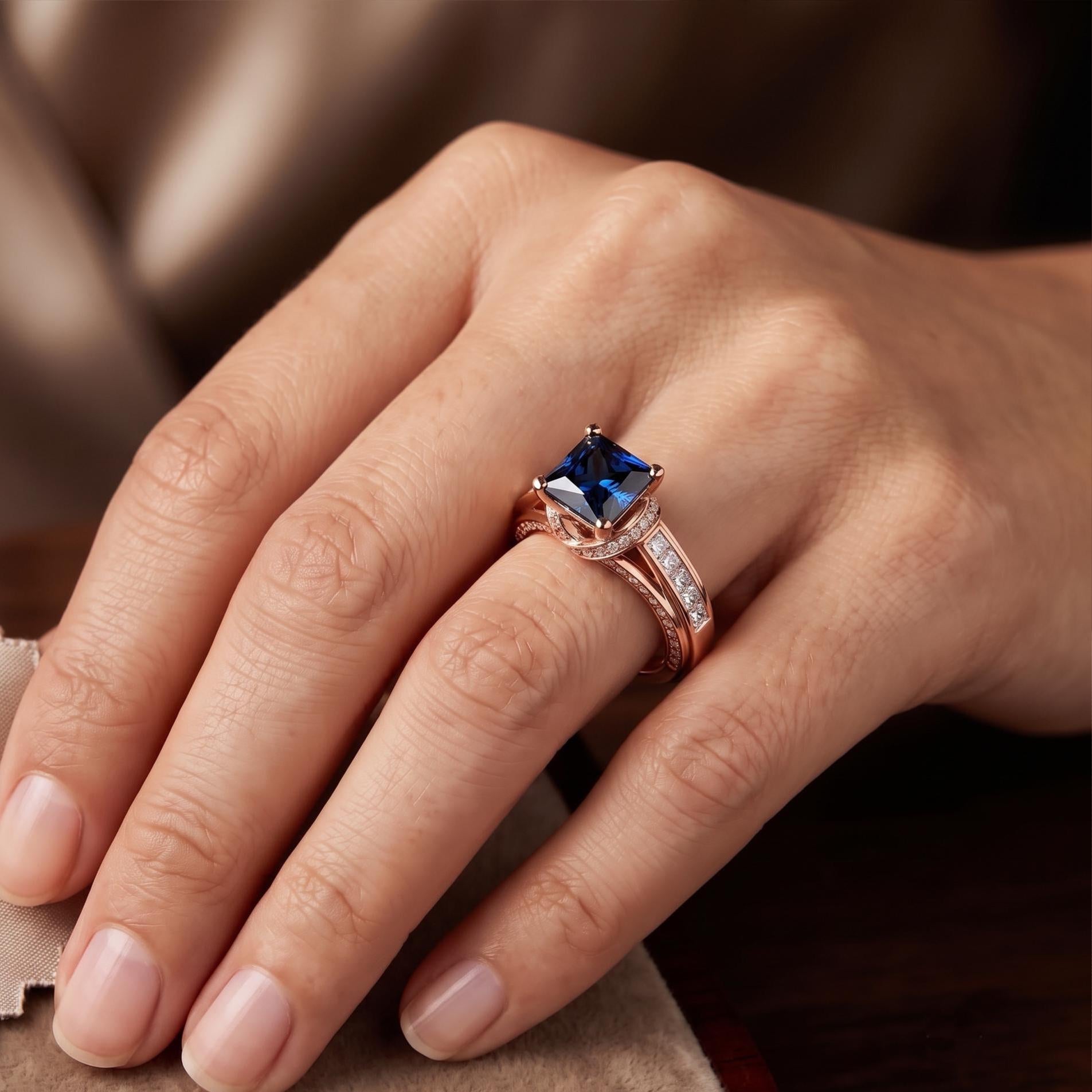 Princess Cut Blue Sapphire Sterling Silver Ring, Twisted Cathedral Band, Moissanite Side Stones