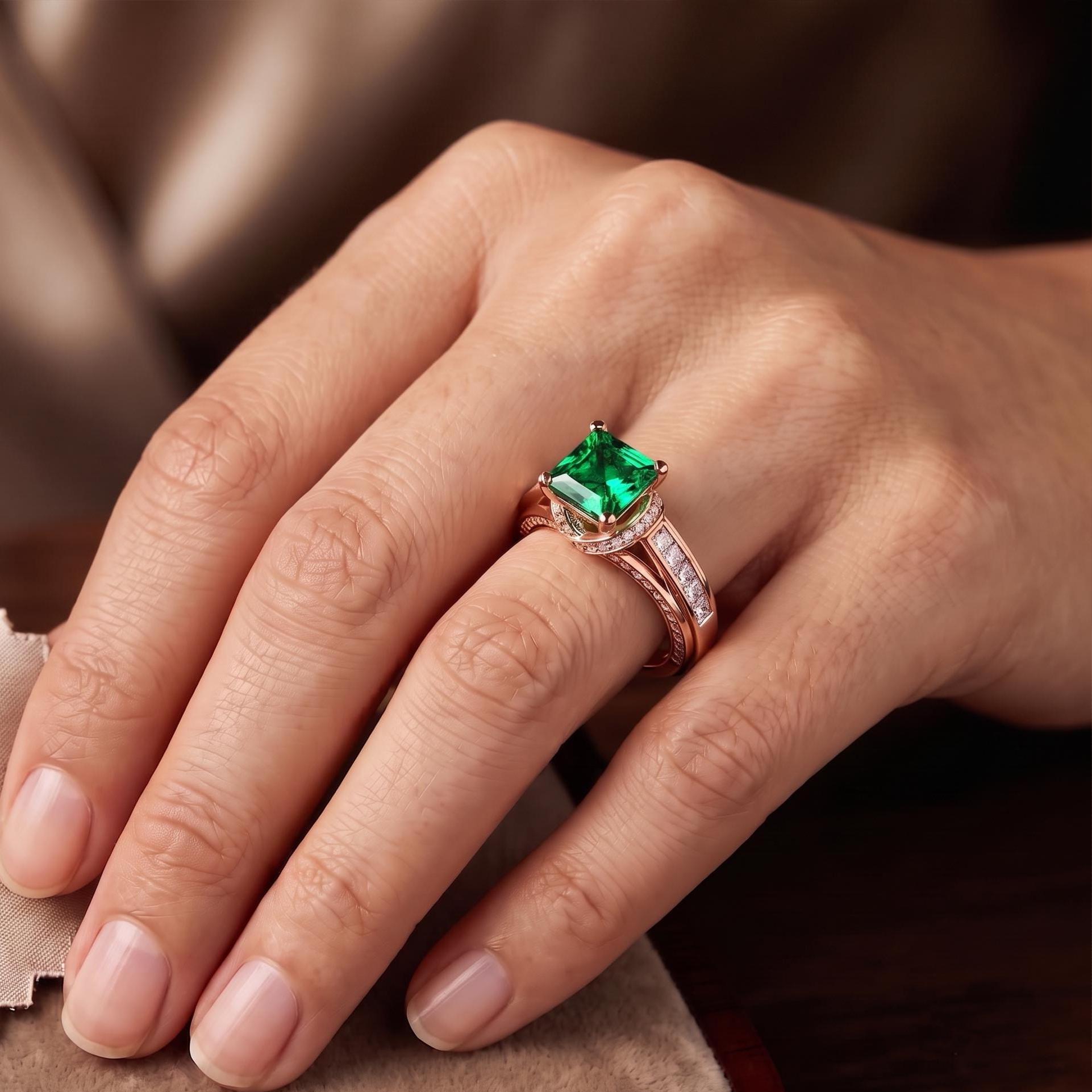 Green Lab Created Princess Cut Sterling Silver Moissanite Cocktail Statement Ring
