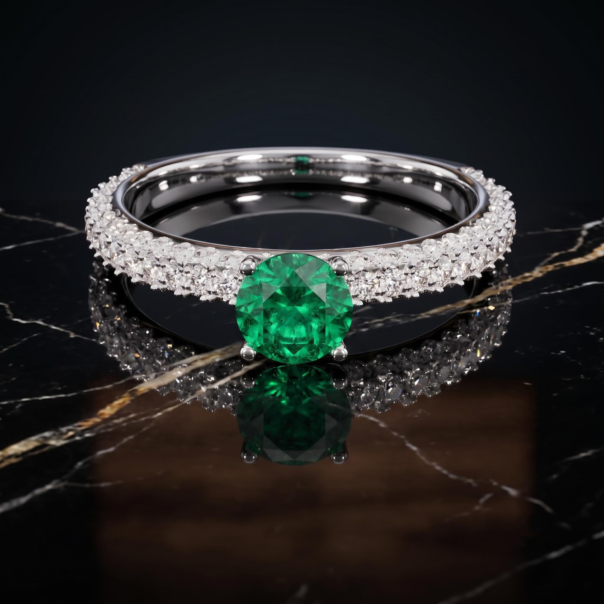 925 Sterling Silver Round Cut Green Gemstone Ring, Moissanite Side Stones, Minimalist Wedding Band