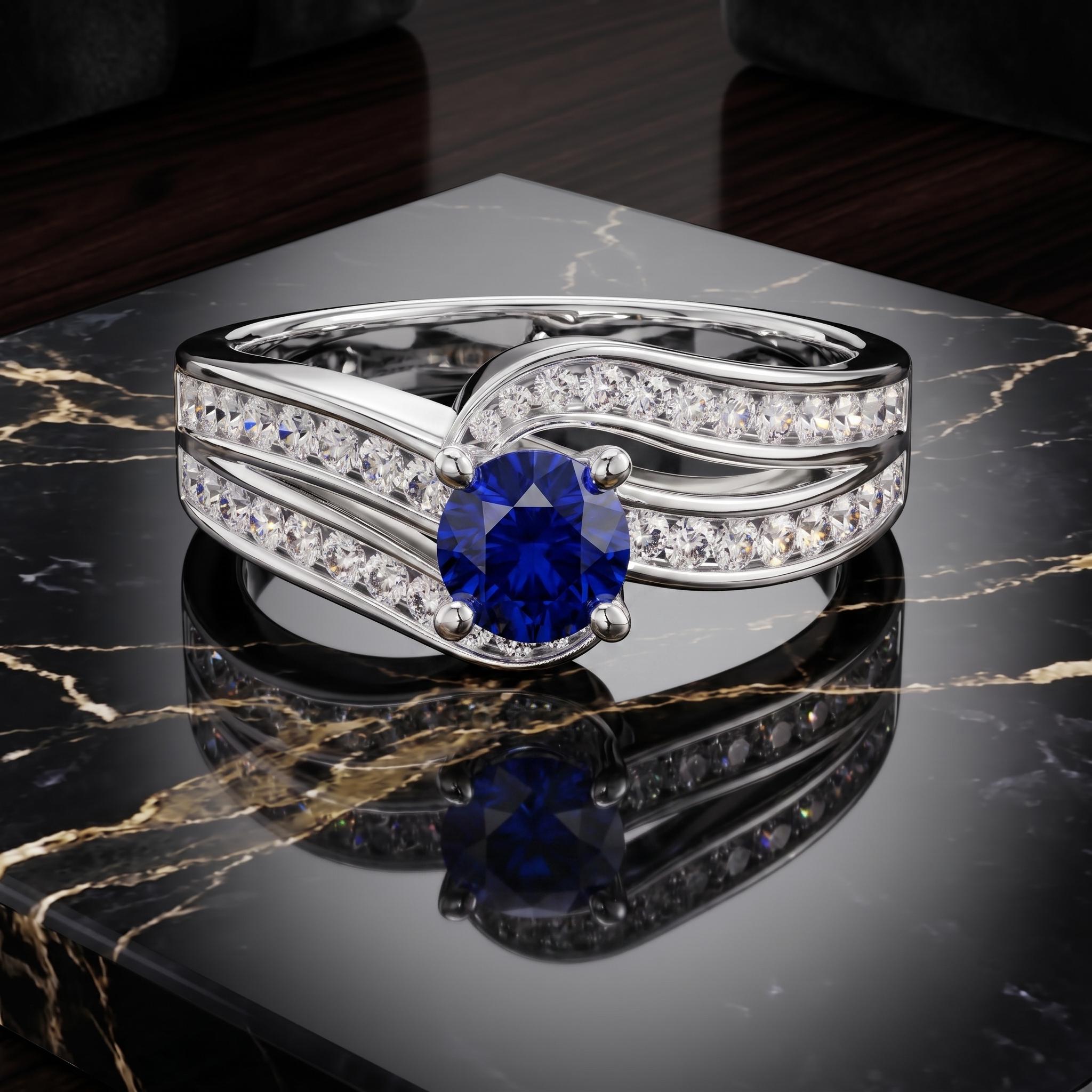 Royal Blue Sapphire Ring, 925 Sterling Silver, Twisted Pave Moissanite, Engagement Statement Ring