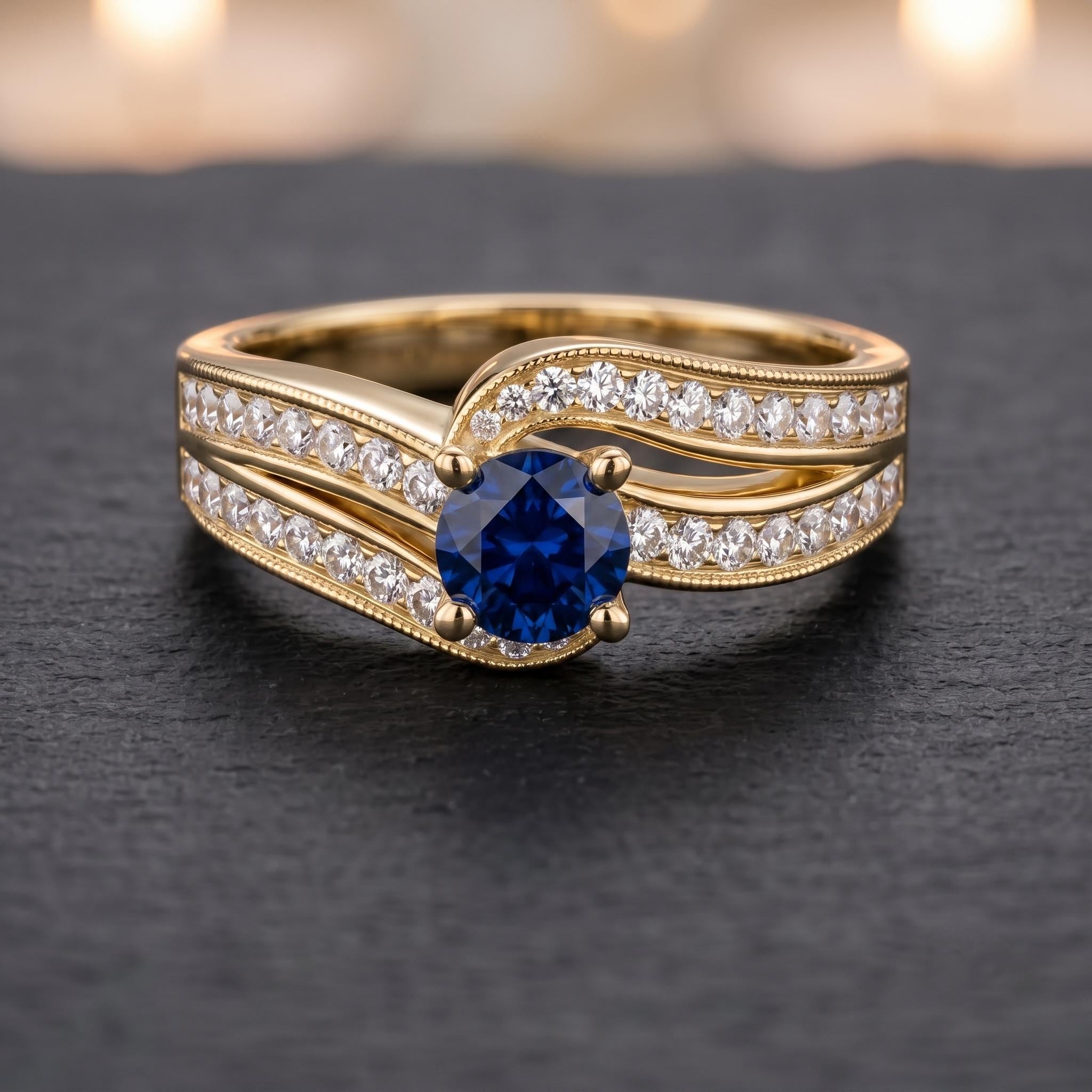 Royal Blue Sapphire Ring, 925 Sterling Silver, Twisted Pave Moissanite, Engagement Statement Ring