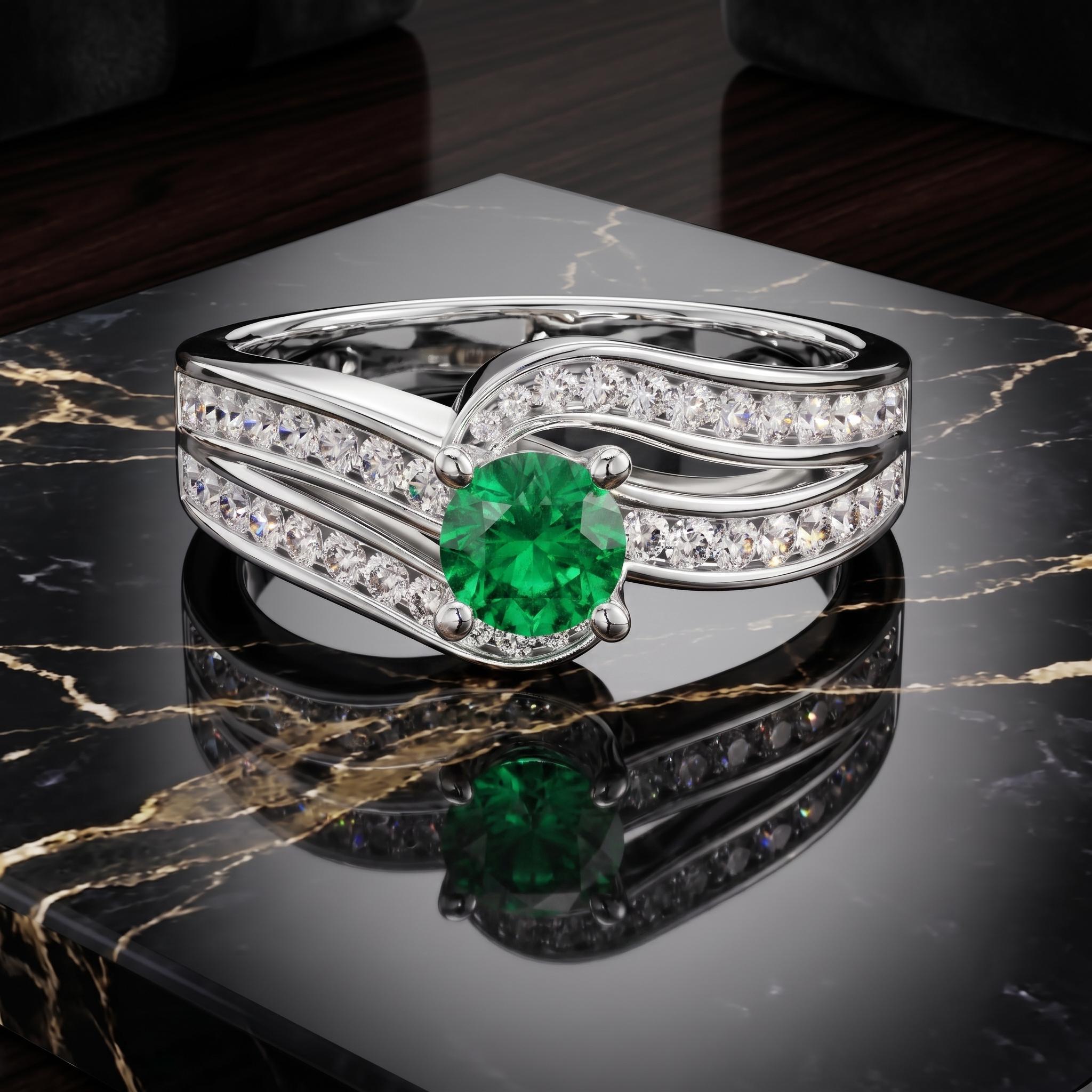 Lab Created Green Gemstone Bypass Ring, 925 Sterling Silver, Moissanite Side Stones