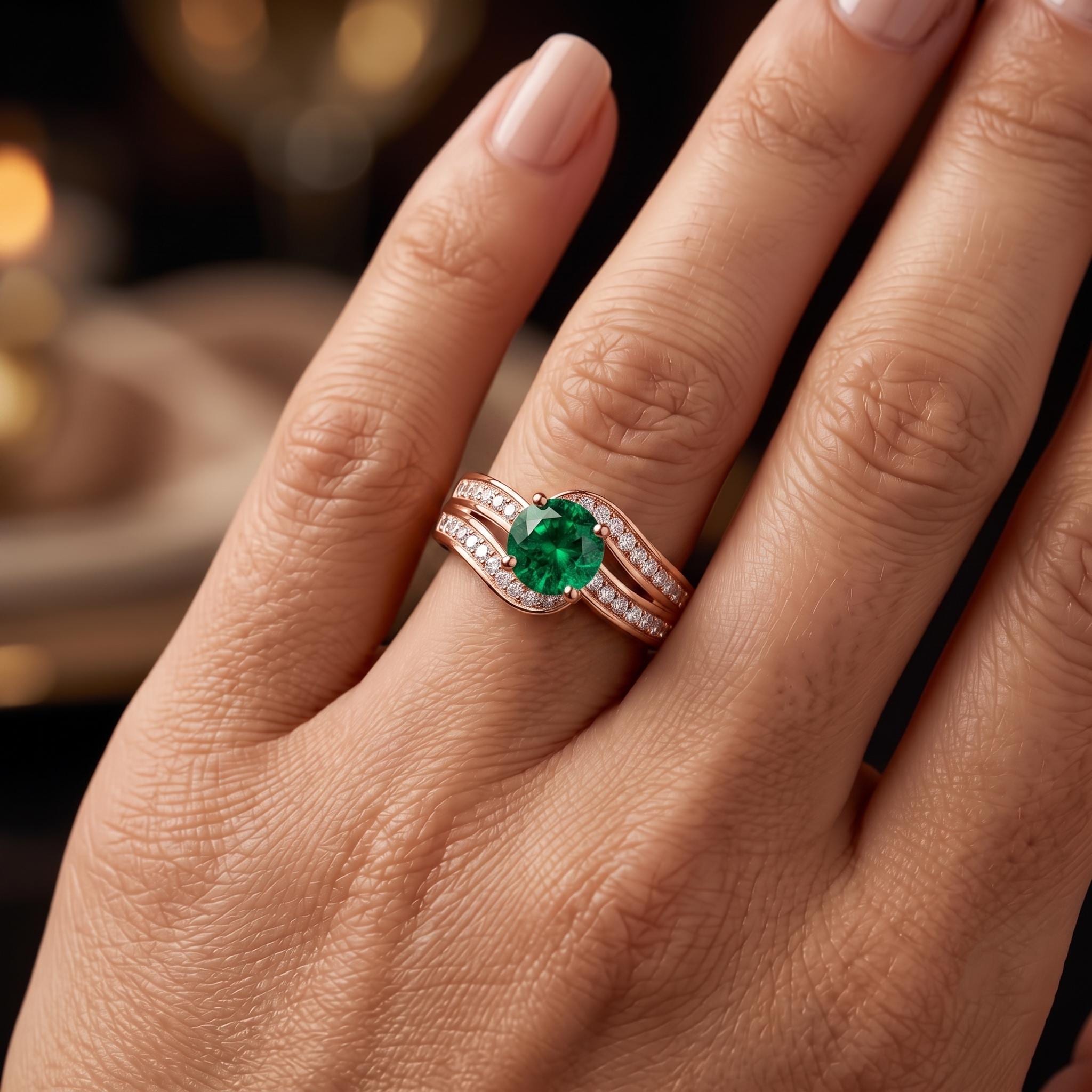 Lab Created Green Gemstone Bypass Ring, 925 Sterling Silver, Moissanite Side Stones