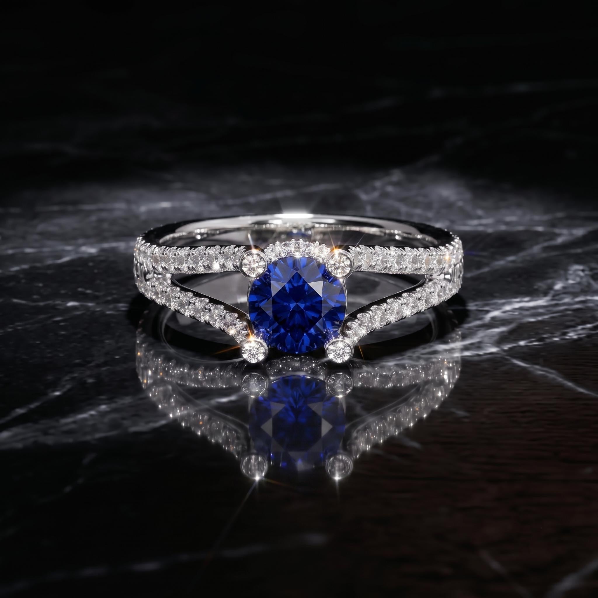 Lab Created Blue Sapphire Sterling Silver Ring, Bezel Accent Split Shank Engagement Ring