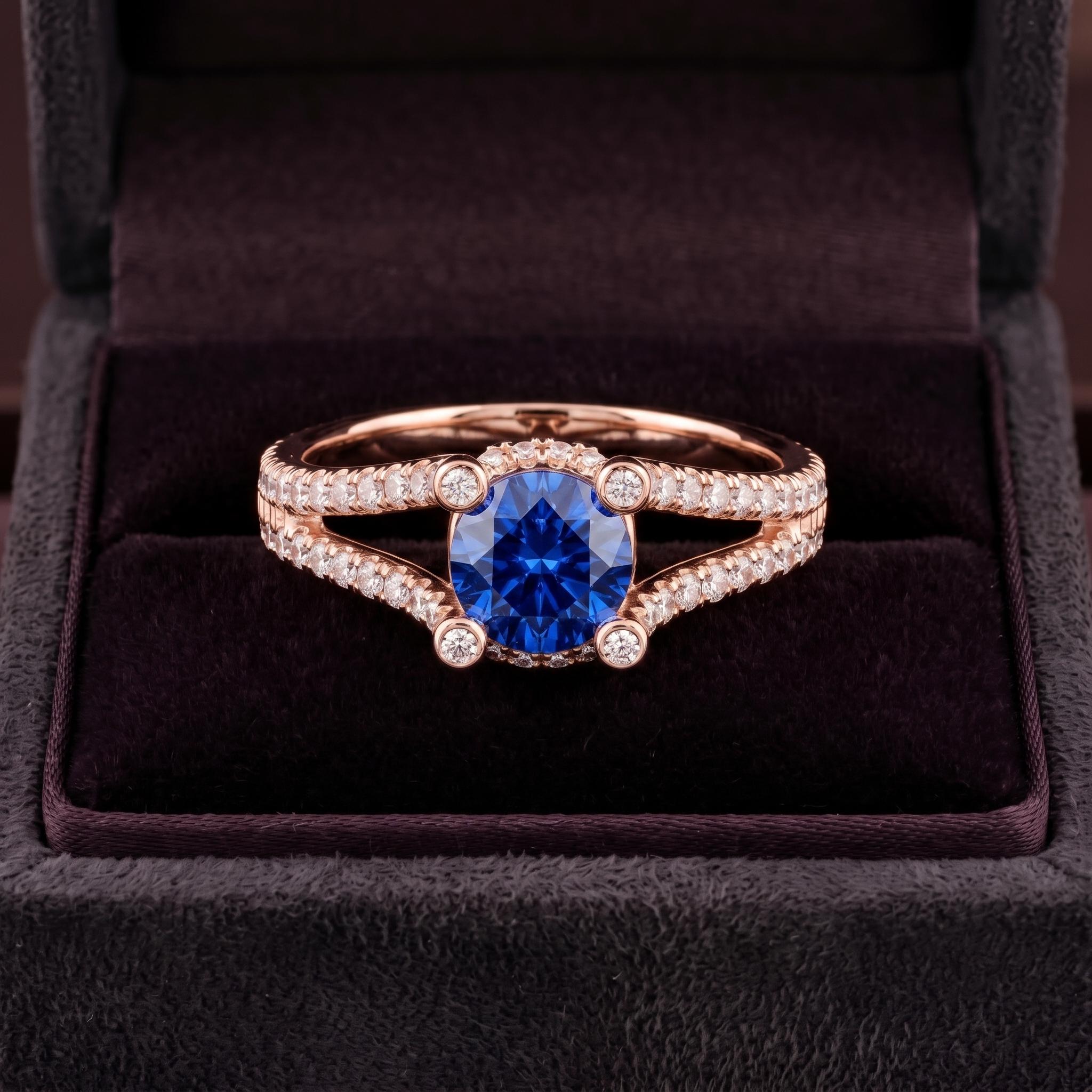 Lab Created Blue Sapphire Sterling Silver Ring, Bezel Accent Split Shank Engagement Ring