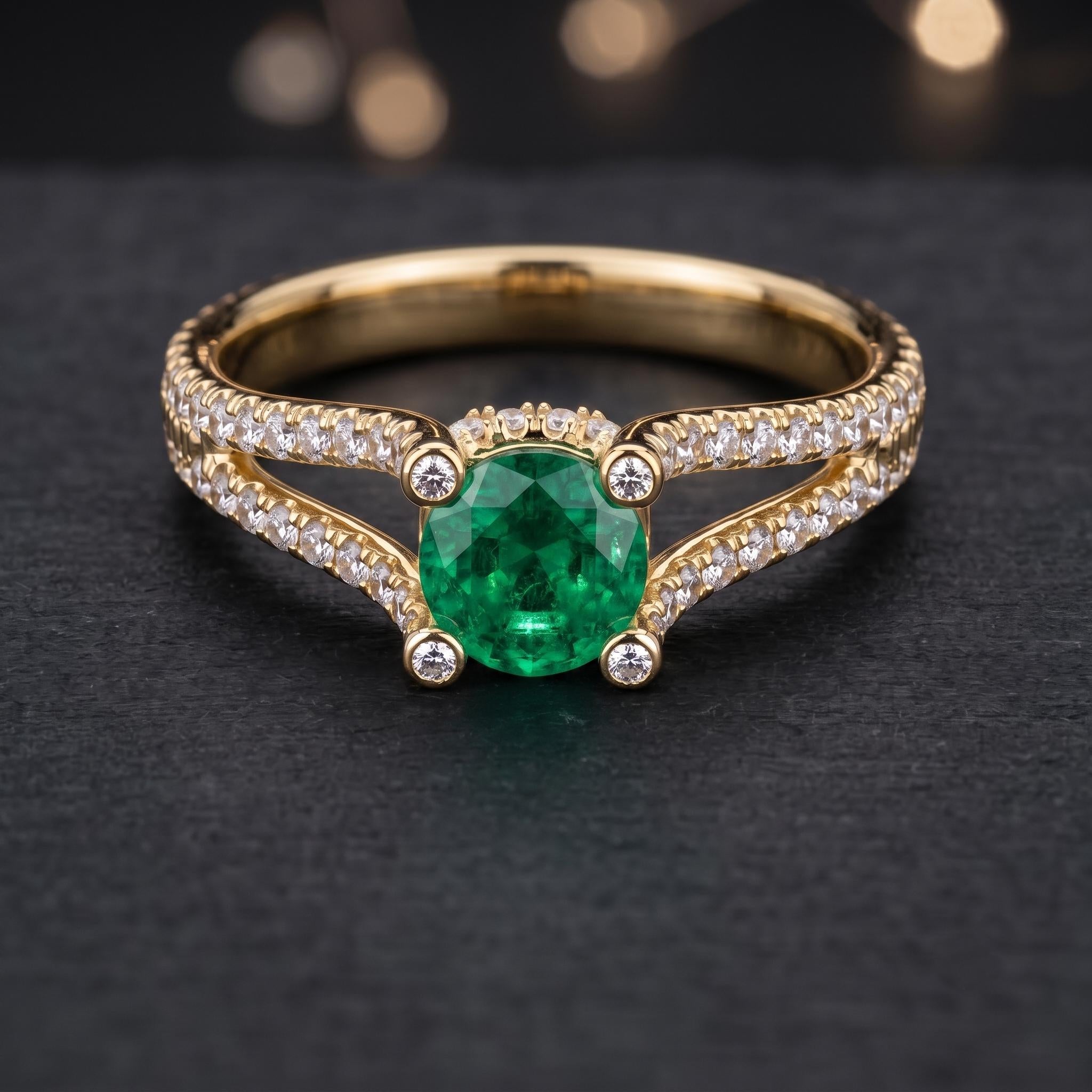 Rose Gold Plated Sterling Silver Emerald Ring, Double Band Pave Moissanite Engagement Ring