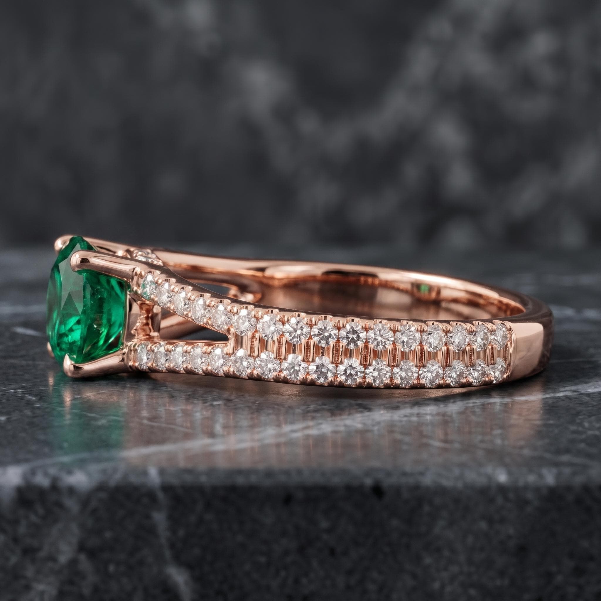 Rose Gold Plated Sterling Silver Emerald Ring, Double Band Pave Moissanite Engagement Ring