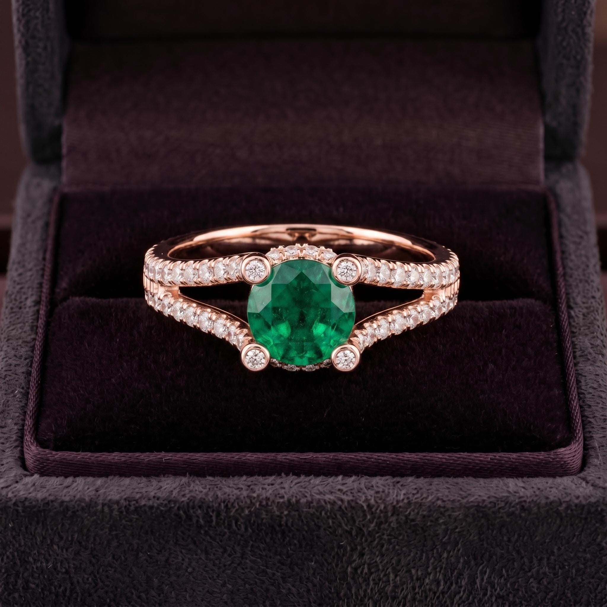 Rose Gold Plated Sterling Silver Emerald Ring, Double Band Pave Moissanite Engagement Ring