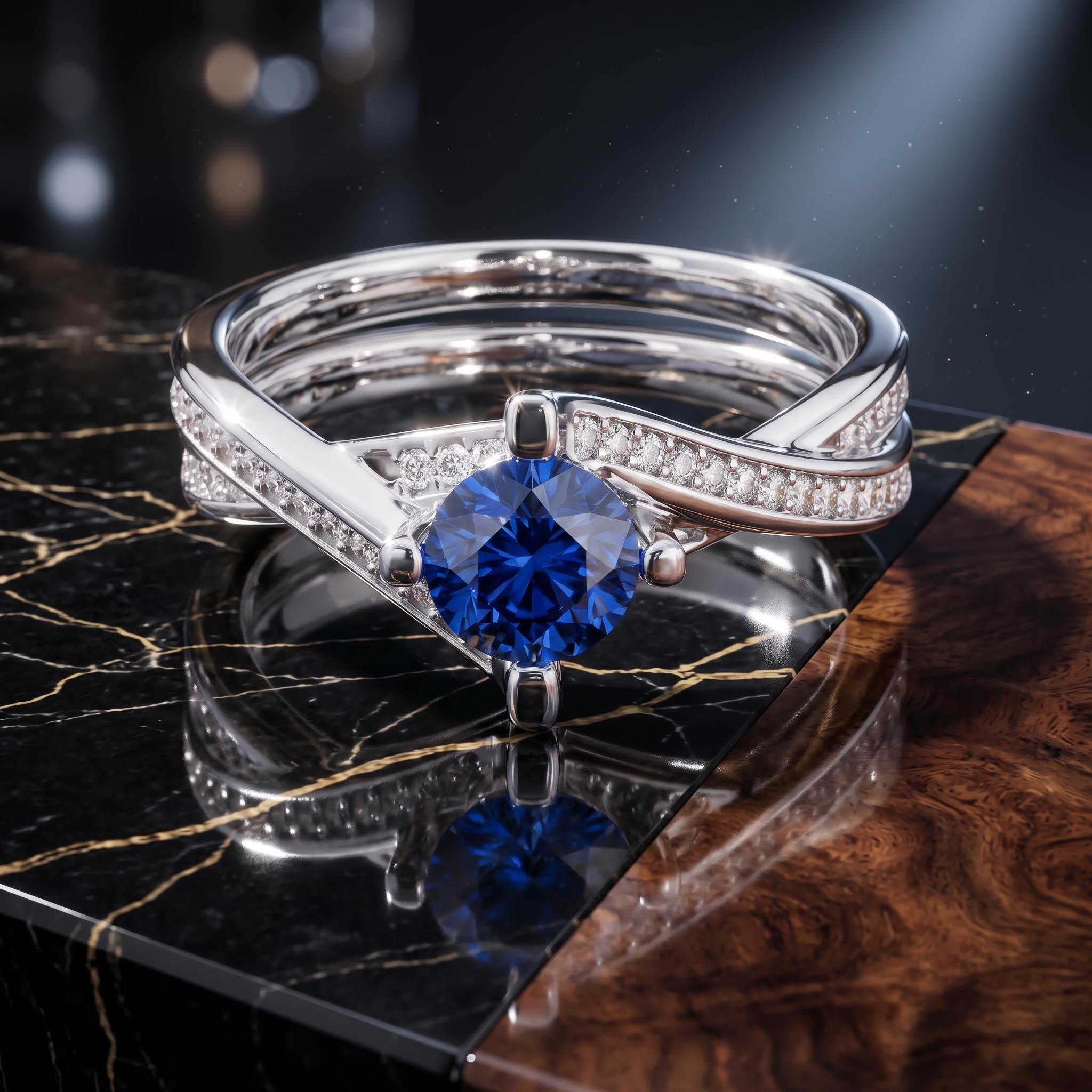 Round Cut Blue Sapphire Sterling Silver Ring, Moissanite Crossover Design (925 Silver)