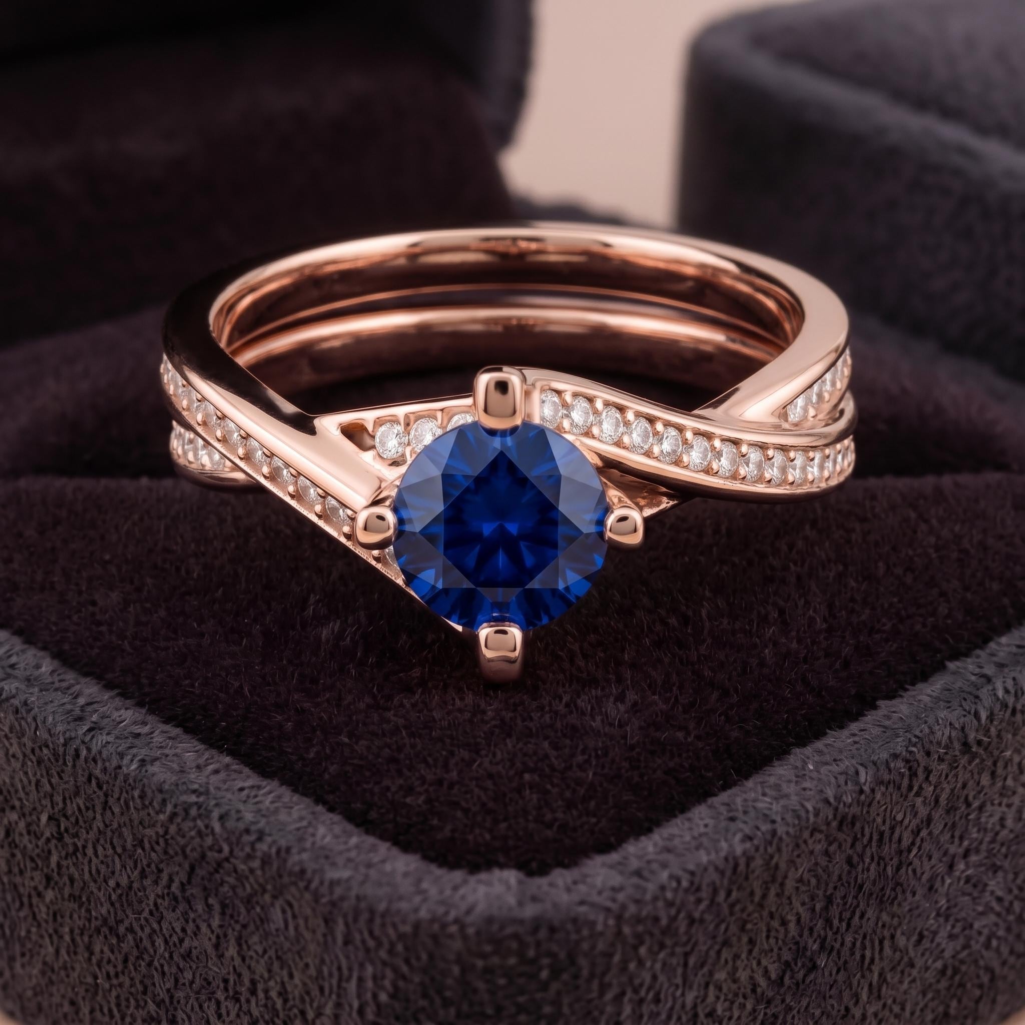 Round Cut Blue Sapphire Sterling Silver Ring, Moissanite Crossover Design (925 Silver)