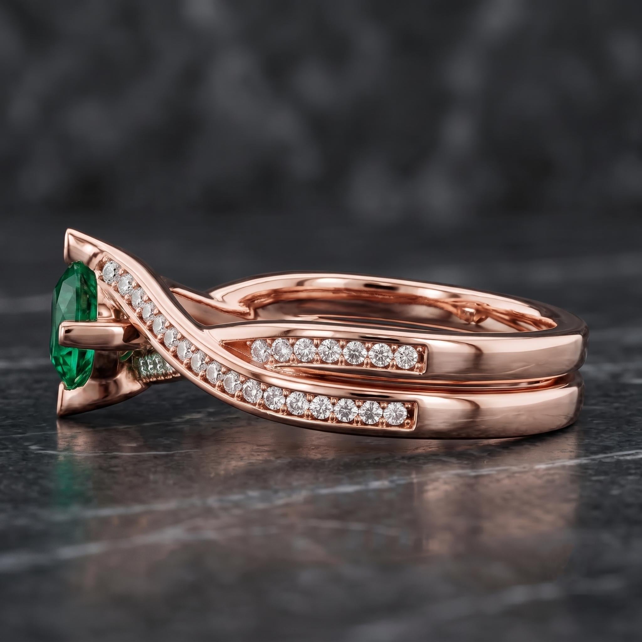 Sterling Silver Emerald Moissanite Ring, Twisted Bypass Shank, Lab-Created Gemstone
