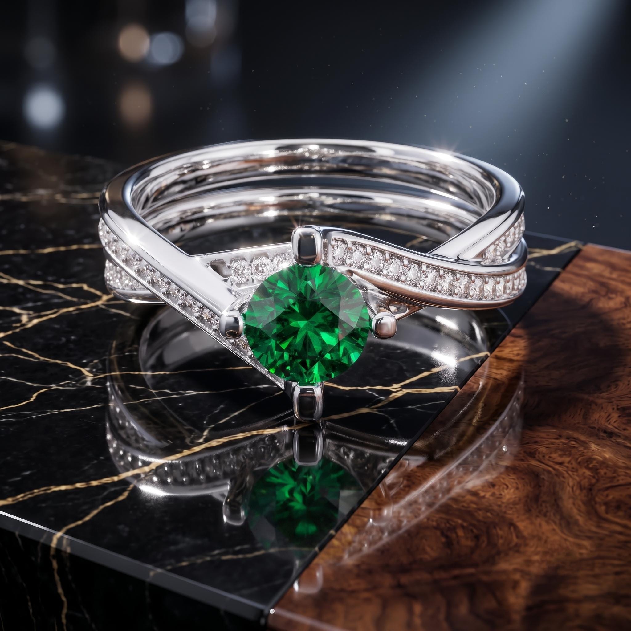 Sterling Silver Emerald Moissanite Ring, Twisted Bypass Shank, Lab-Created Gemstone