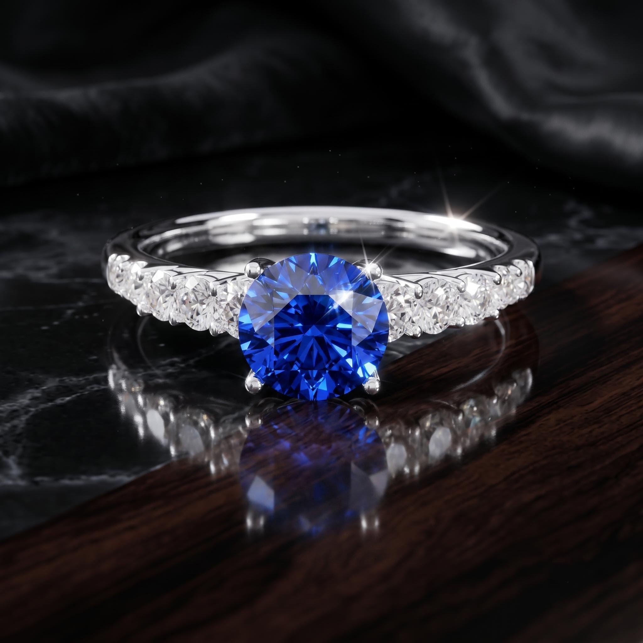 Blue Lab Created Gemstone Ring, Sterling Silver, Moissanite Accent Eternity Ring (September Birthstone)