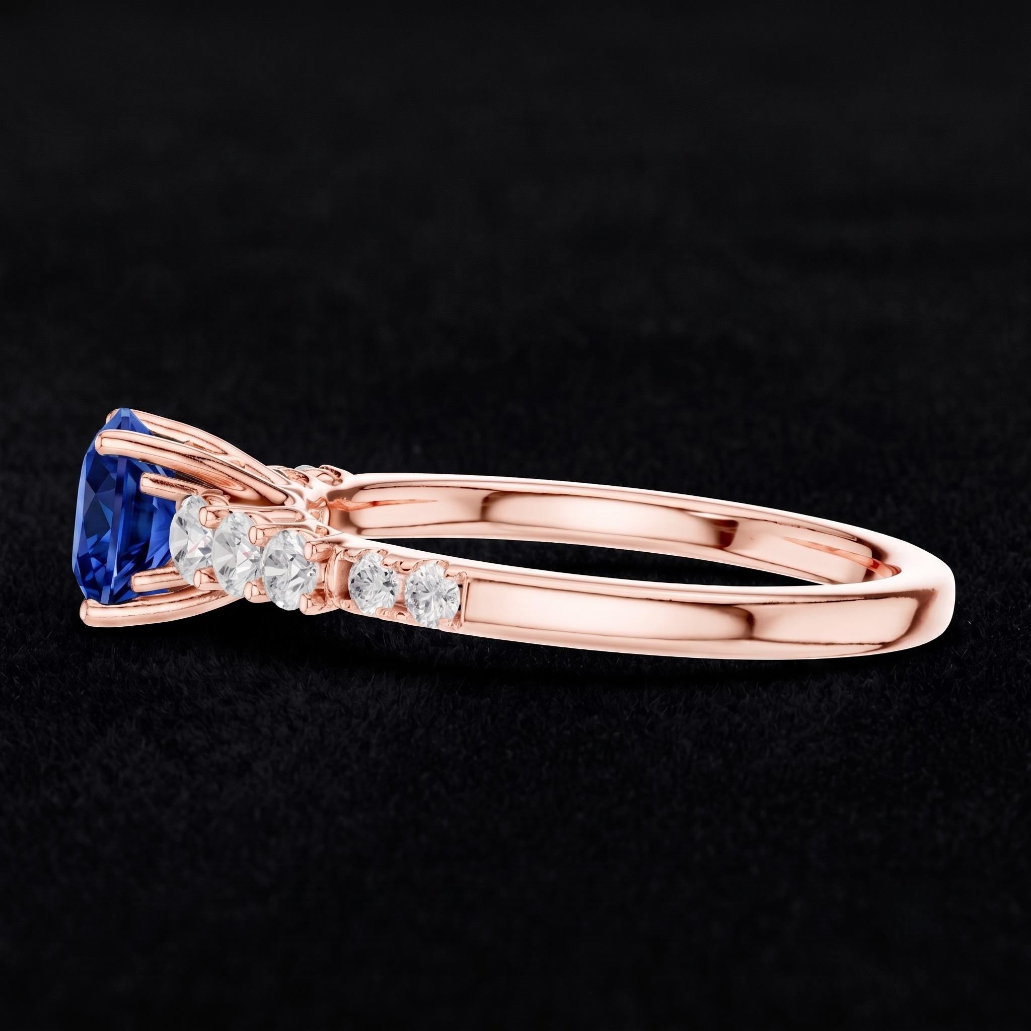Blue Lab Created Gemstone Ring, Sterling Silver, Moissanite Accent Eternity Ring (September Birthstone)