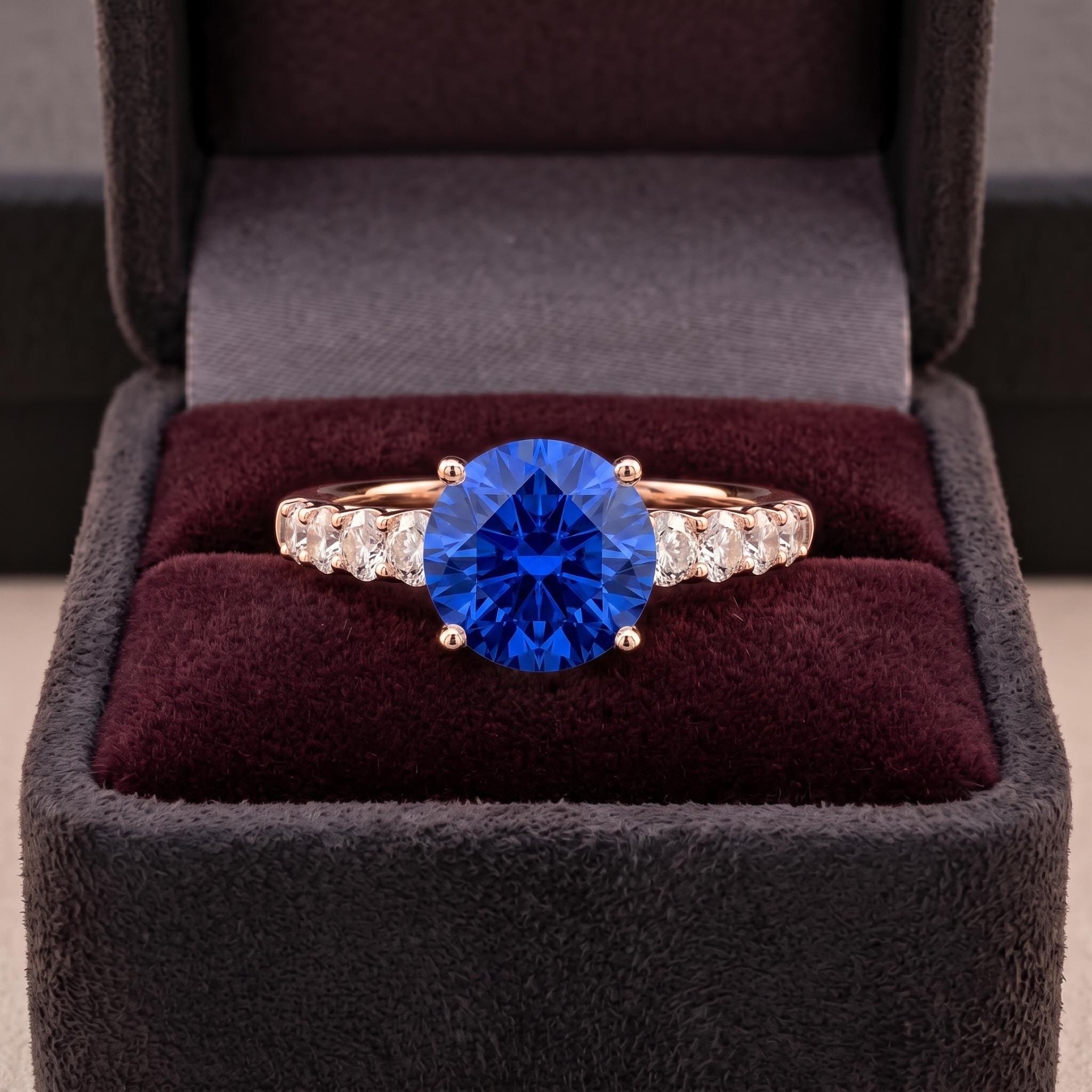 Blue Lab Created Gemstone Ring, Sterling Silver, Moissanite Accent Eternity Ring (September Birthstone)