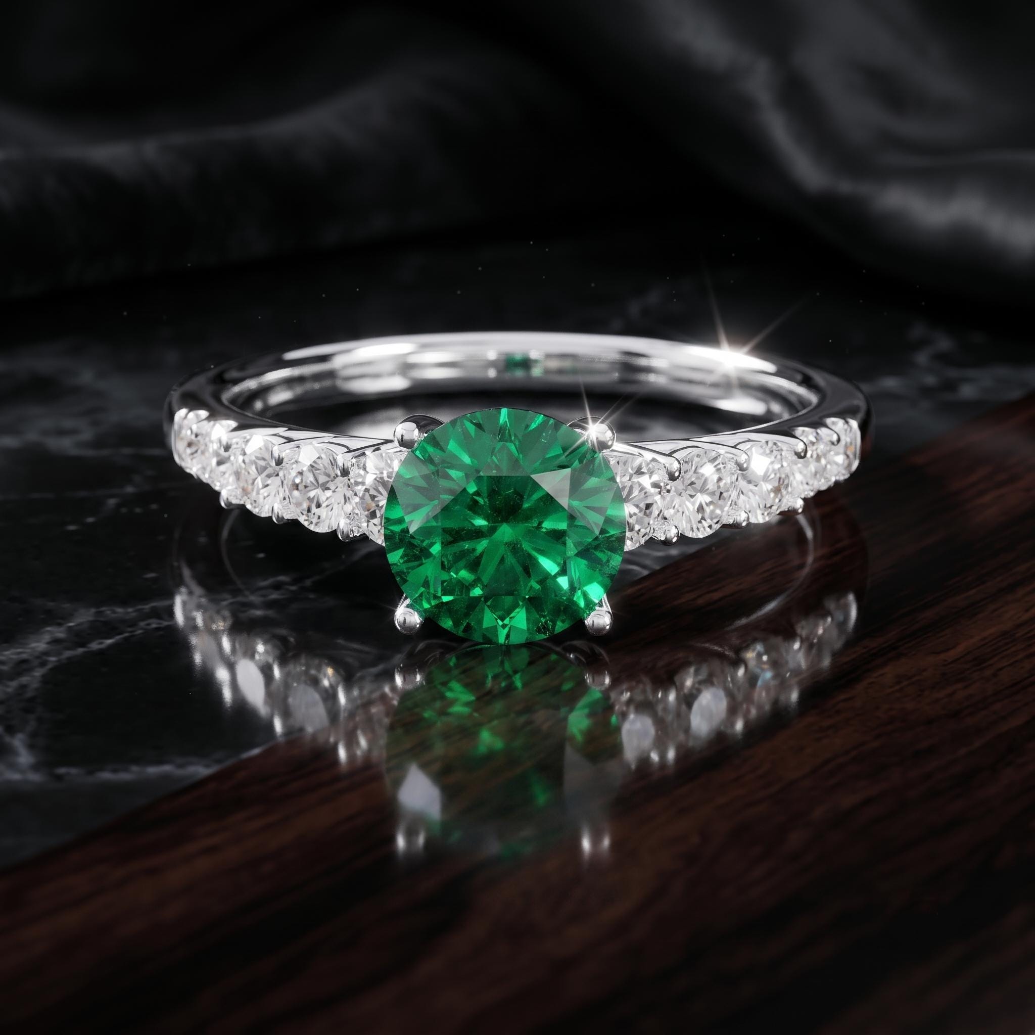 Lab Created Emerald Ring, Sterling Silver, Moissanite Accent, Bridal Statement Ring