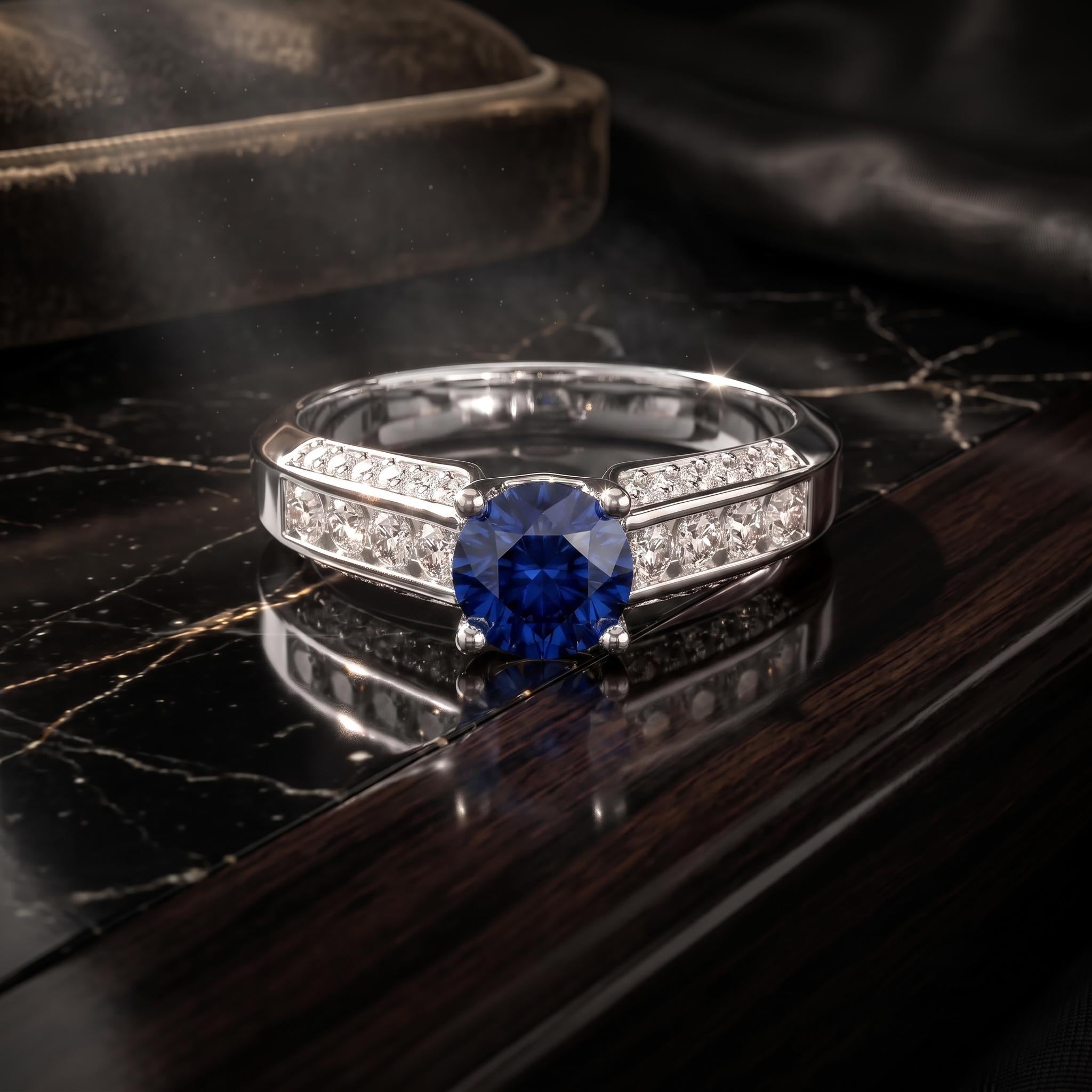 Royal Blue Gemstone Engagement Ring, Sterling Silver, Princess Cut, Moissanite Accent (September Birthstone)