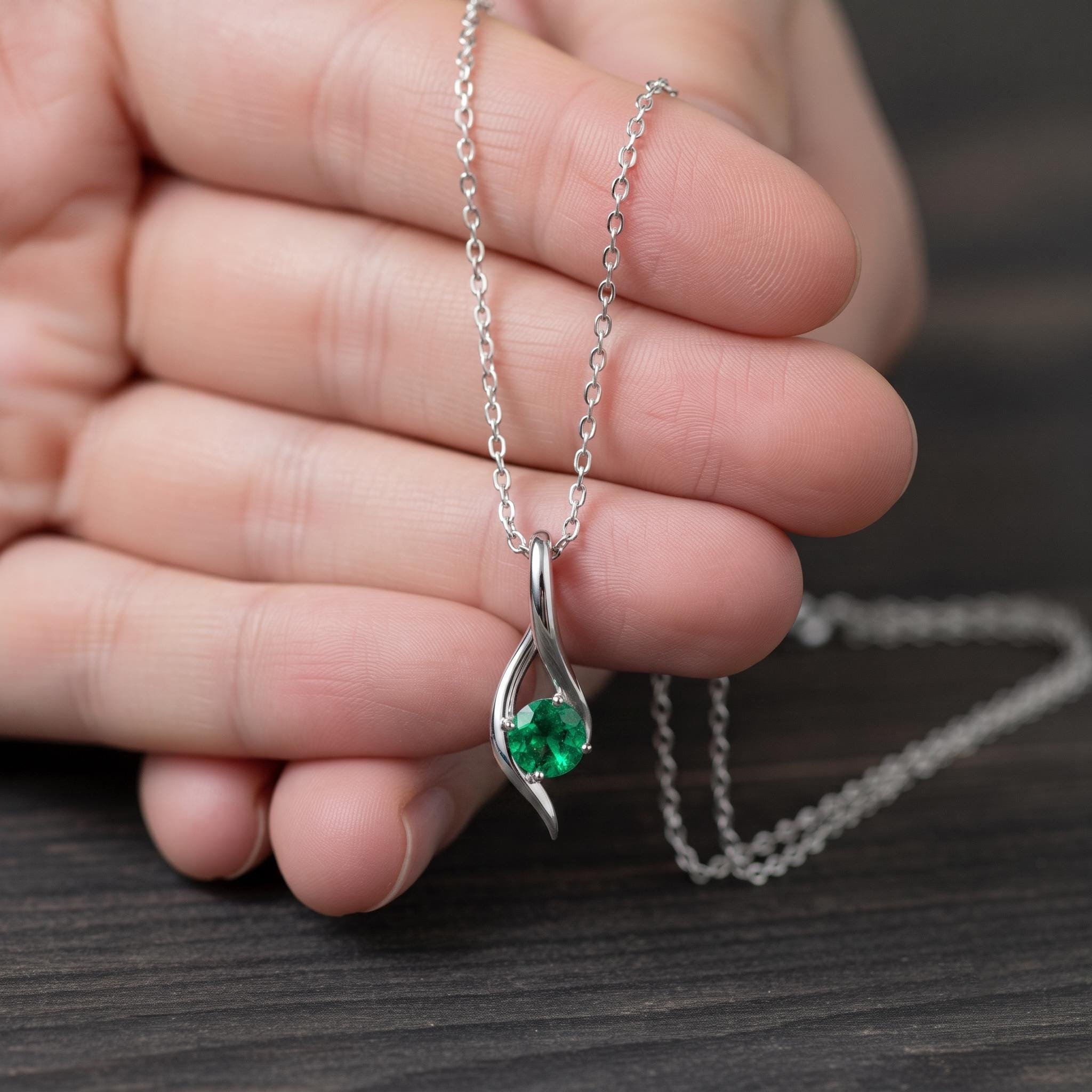 Rose Gold Plated Sterling Silver Teardrop Swirl Necklace, Lab Created Emerald Pendant