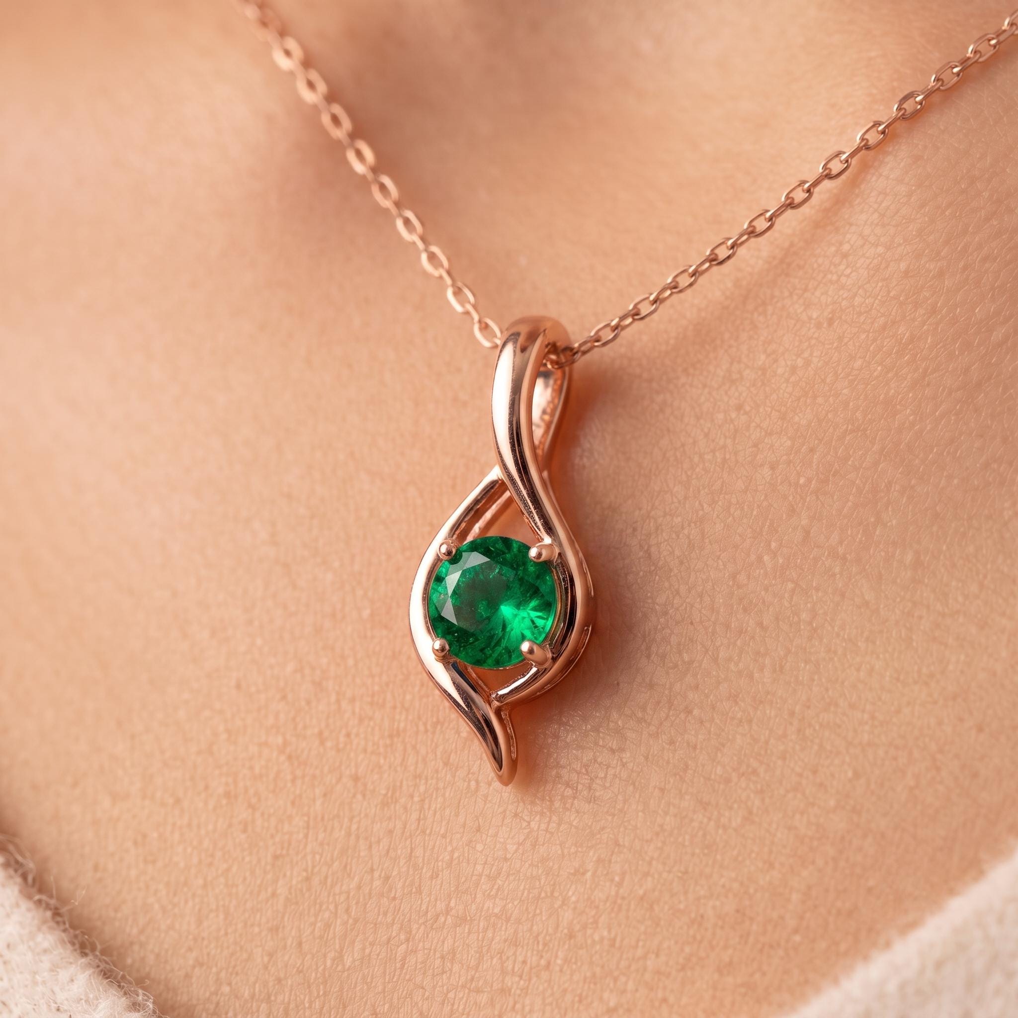 Rose Gold Plated Sterling Silver Teardrop Swirl Necklace, Lab Created Emerald Pendant