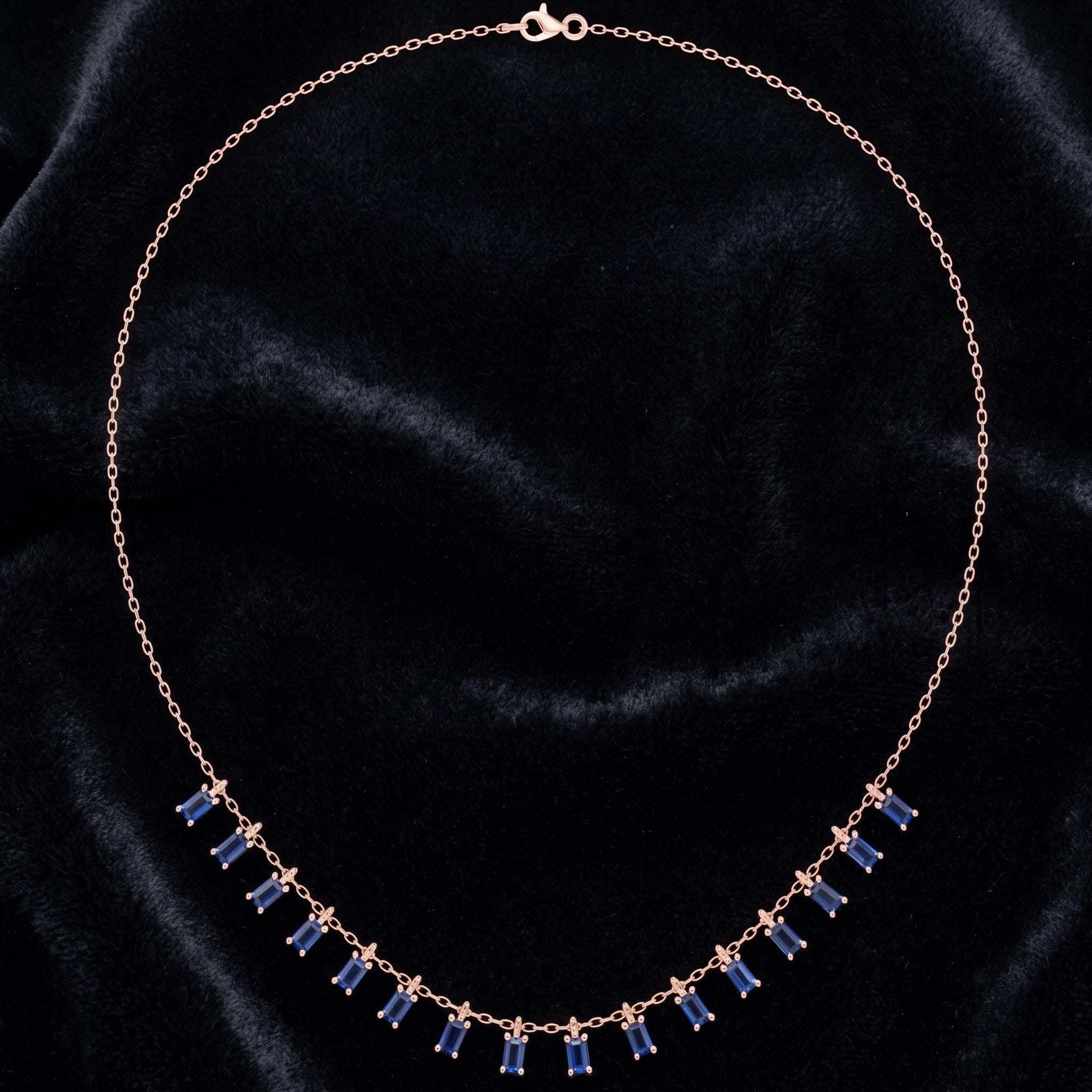 925 Sterling Silver Sapphire Baguette Drop Necklace, Minimalist Choker, September Birthstone Jewelry