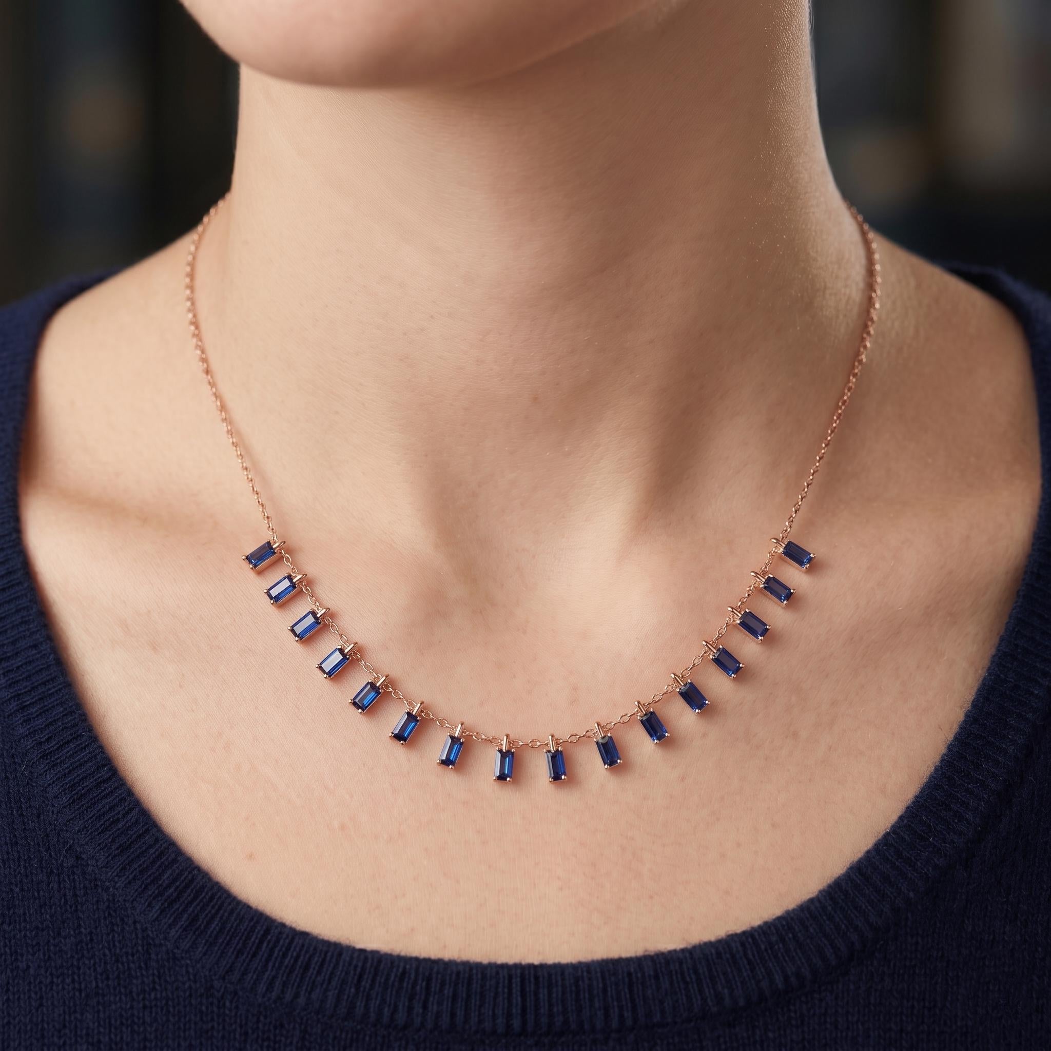 925 Sterling Silver Sapphire Baguette Drop Necklace, Minimalist Choker, September Birthstone Jewelry