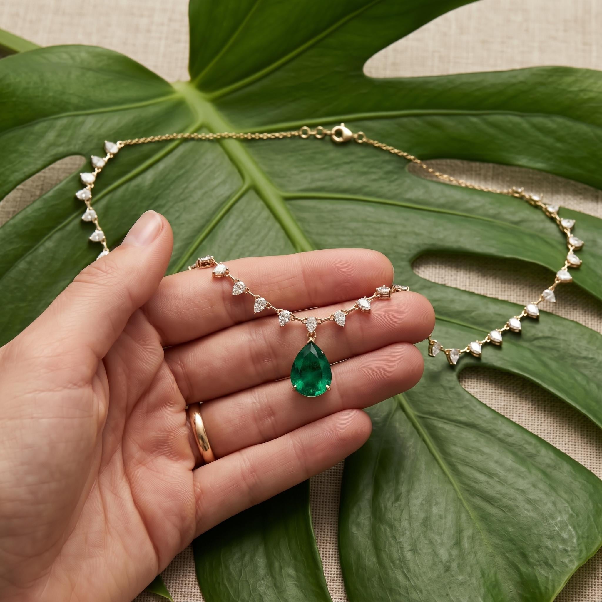 Sterling Silver Pear Moissanite Necklace, Teardrop Green Crystal Choker, Elegant Gift