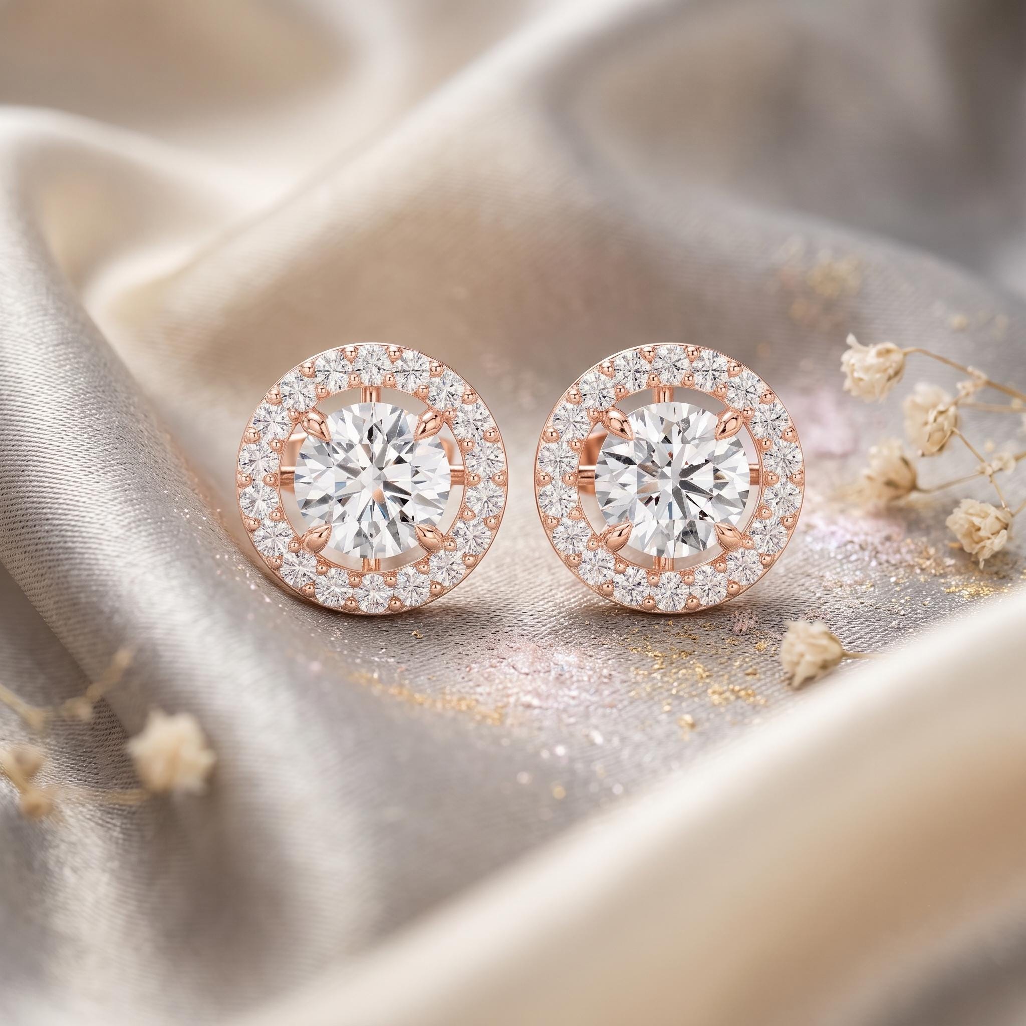 925 Sterling Silver Moissanite Halo Stud Earrings, Rose Gold Floating Design, Wedding Jewelry Gift