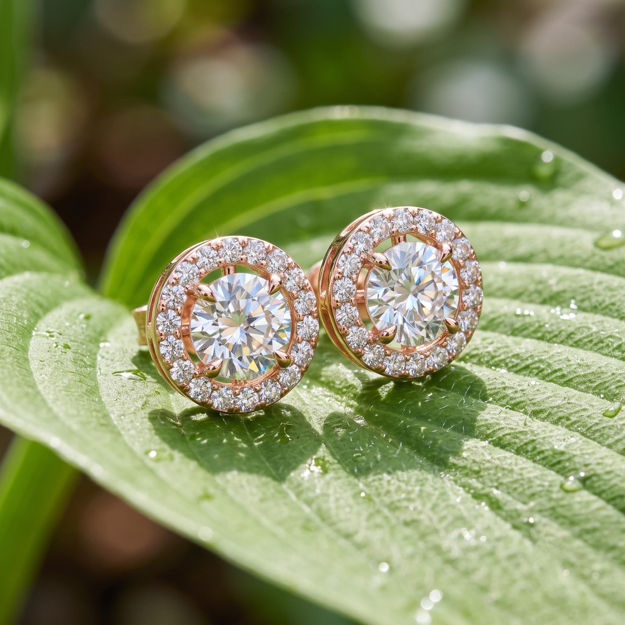 925 Sterling Silver Moissanite Halo Stud Earrings, Rose Gold Floating Design, Wedding Jewelry Gift